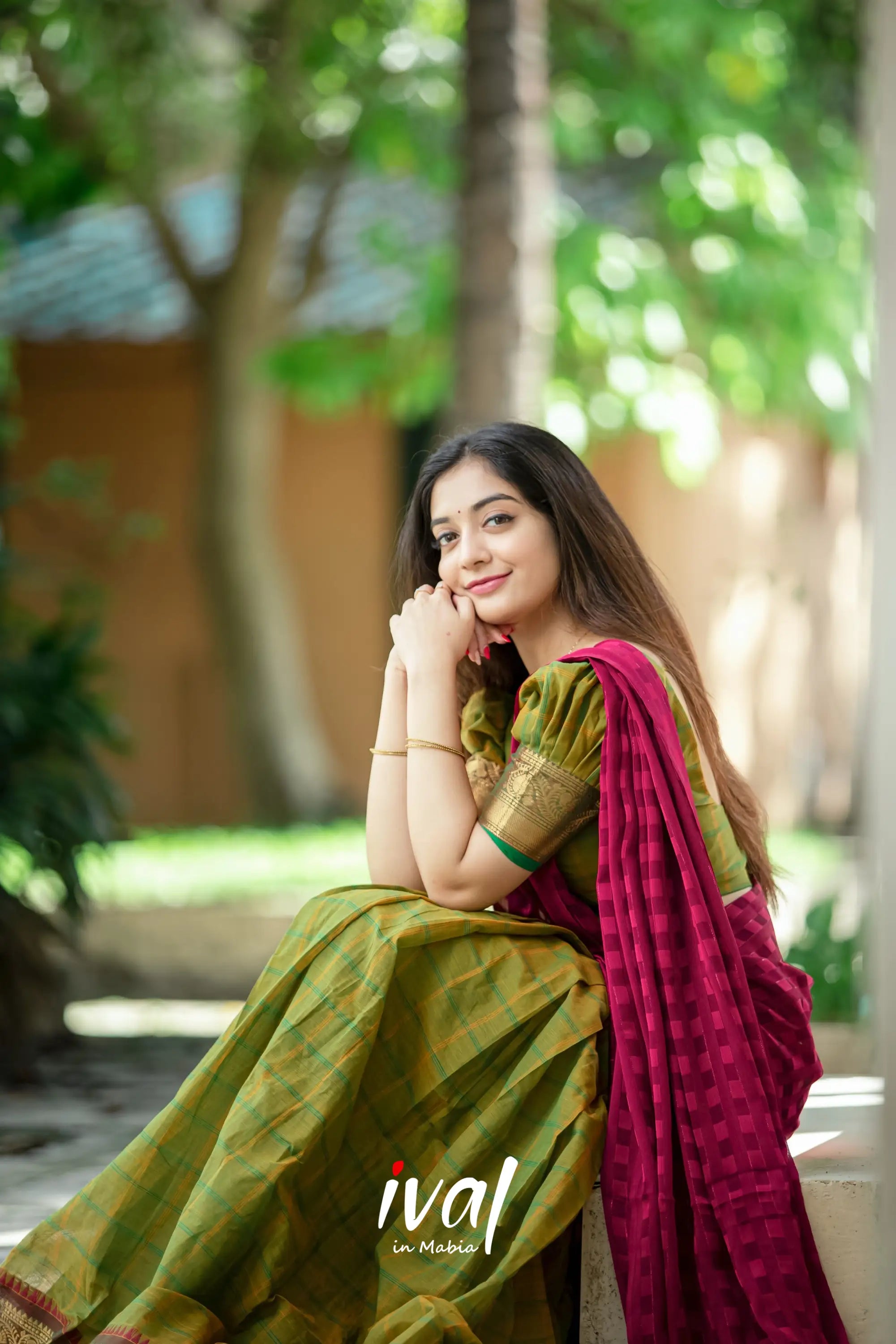 Padmaja - Mehendi Green And Pink Cotton Halfsaree Half Sarees