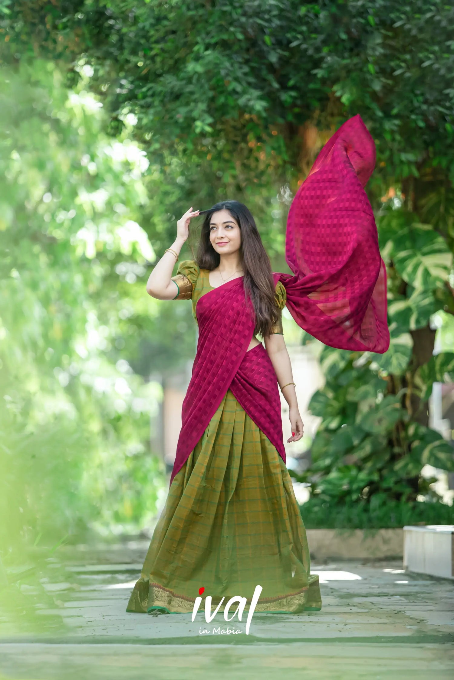 Padmaja - Mehendi Green And Pink Cotton Halfsaree Half Sarees