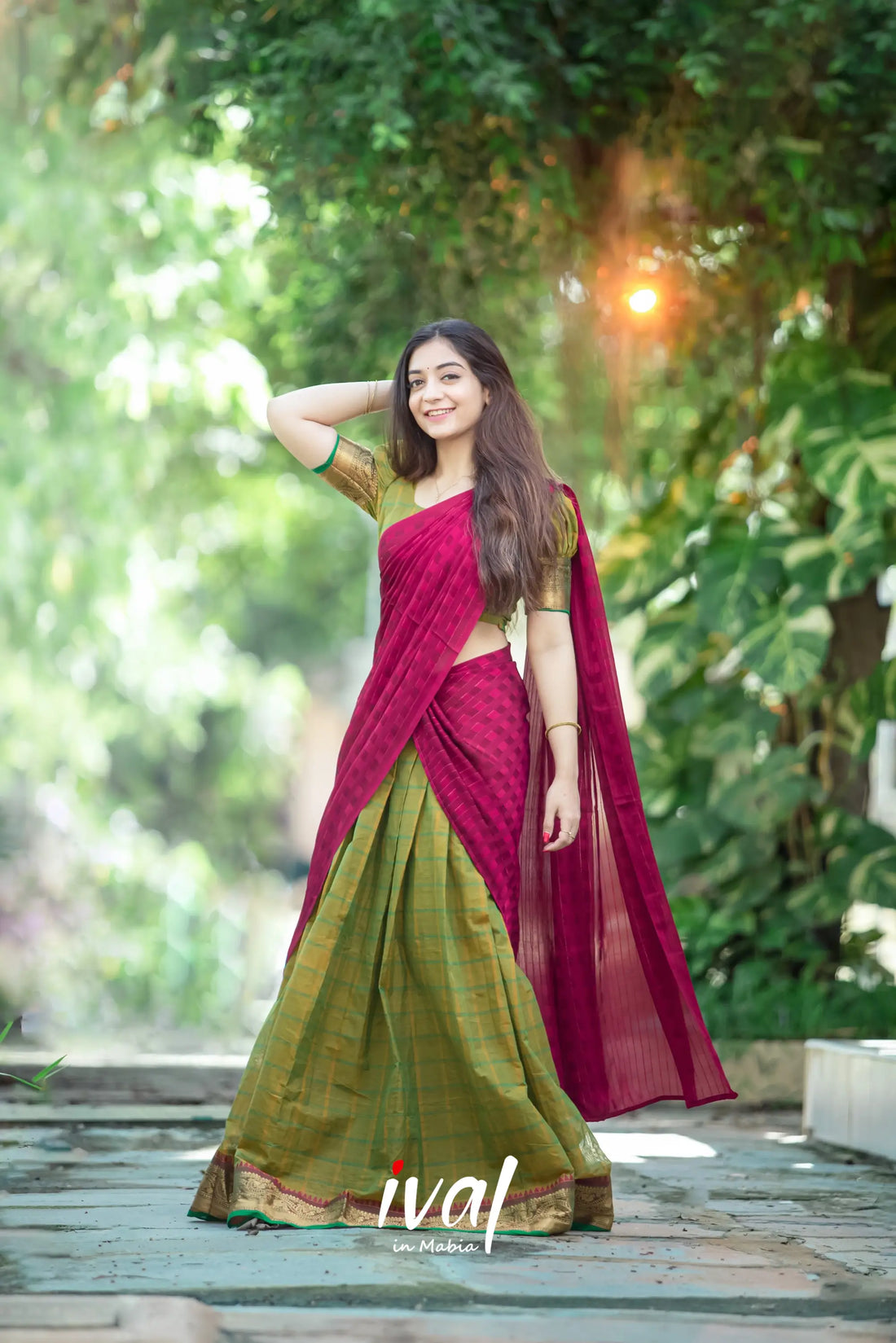 Padmaja - Mehendi Green And Pink Cotton Halfsaree Half Sarees