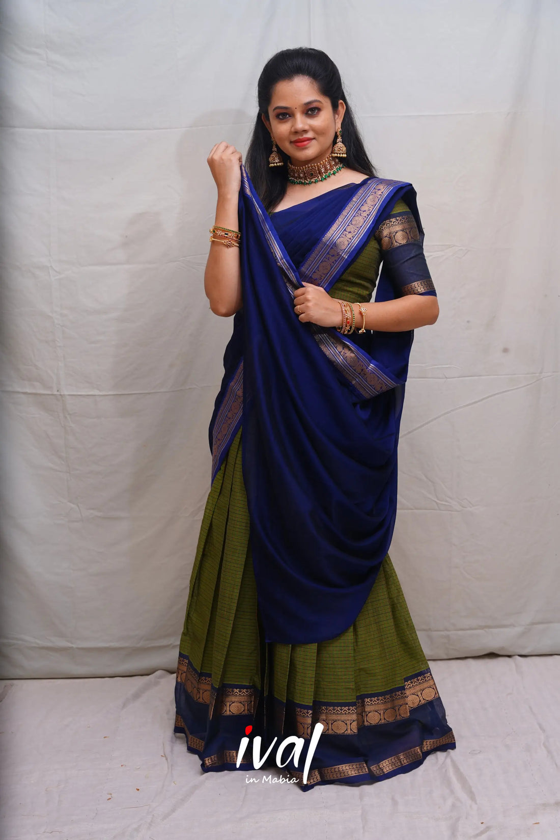 Padmaja - Moss Green And Dark Blue Cotton Halfsaree Half Sarees