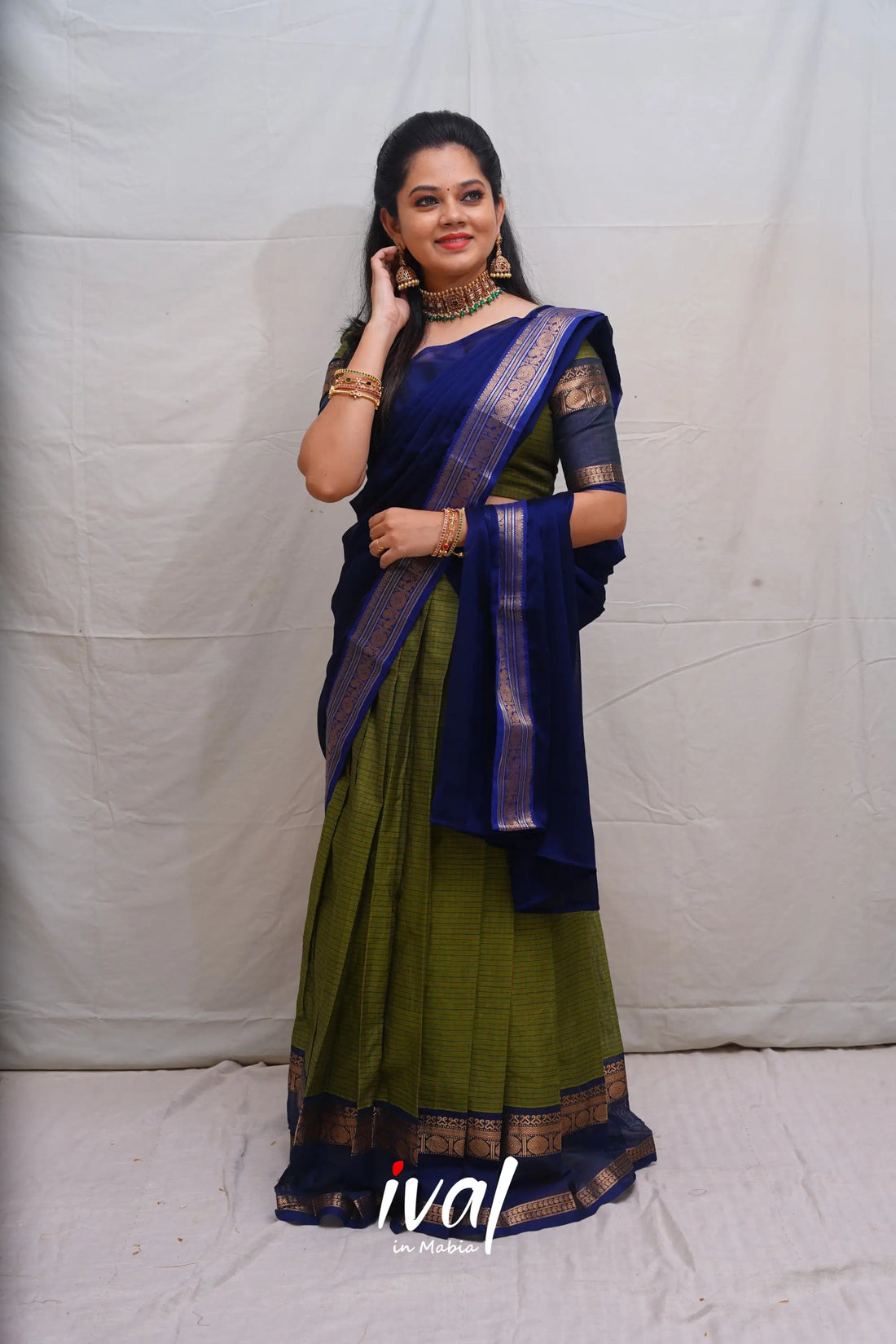 Padmaja - Moss Green And Dark Blue Cotton Halfsaree Half Sarees