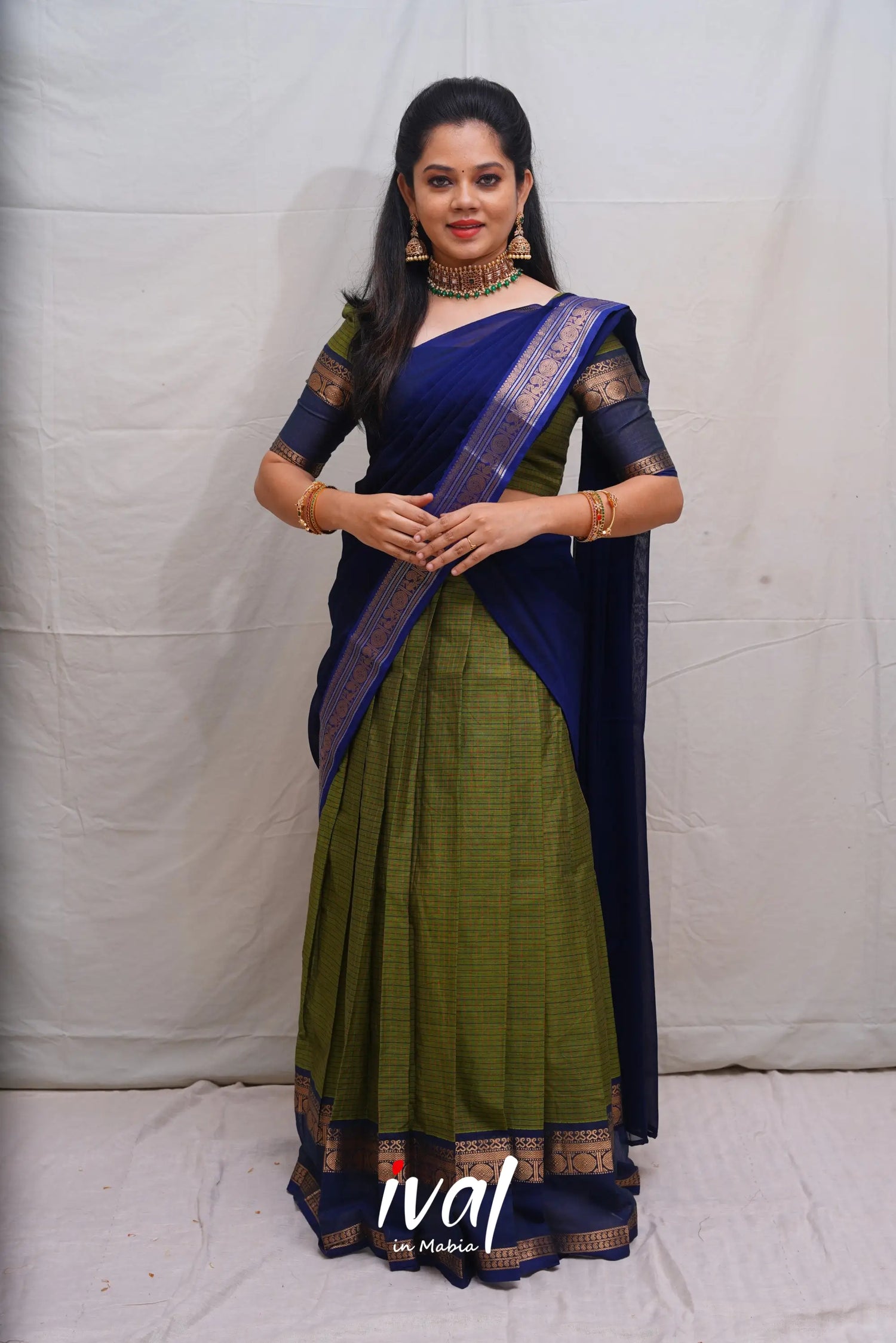 Padmaja - Moss Green And Dark Blue Cotton Halfsaree Half Sarees