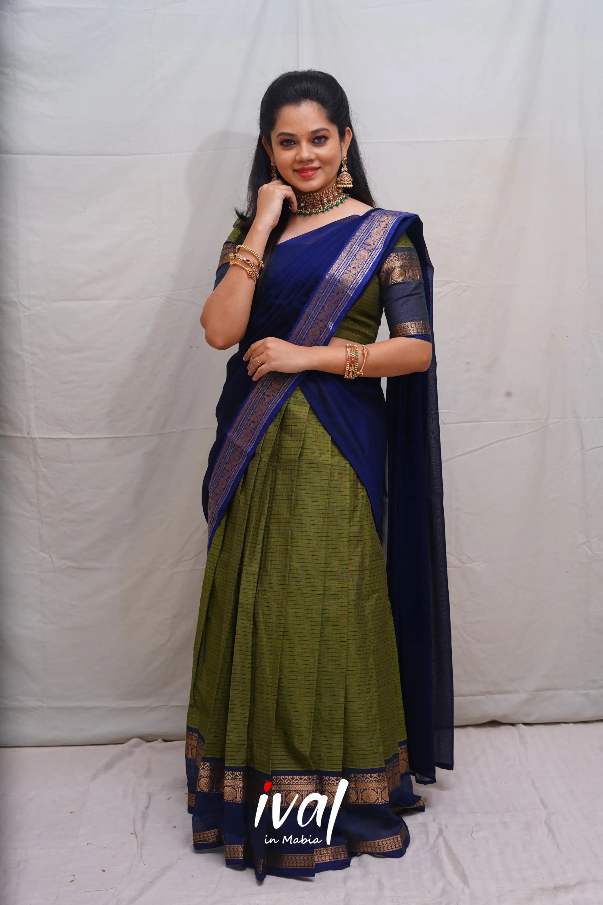 Padmaja - Moss Green And Dark Blue Cotton Halfsaree Half Sarees