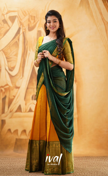 Padmaja - Mustard Yellow And Dark Green Cotton Halfsaree Half Sarees