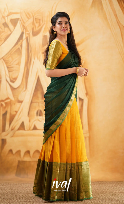 Padmaja - Mustard Yellow And Dark Green Cotton Halfsaree Half Sarees