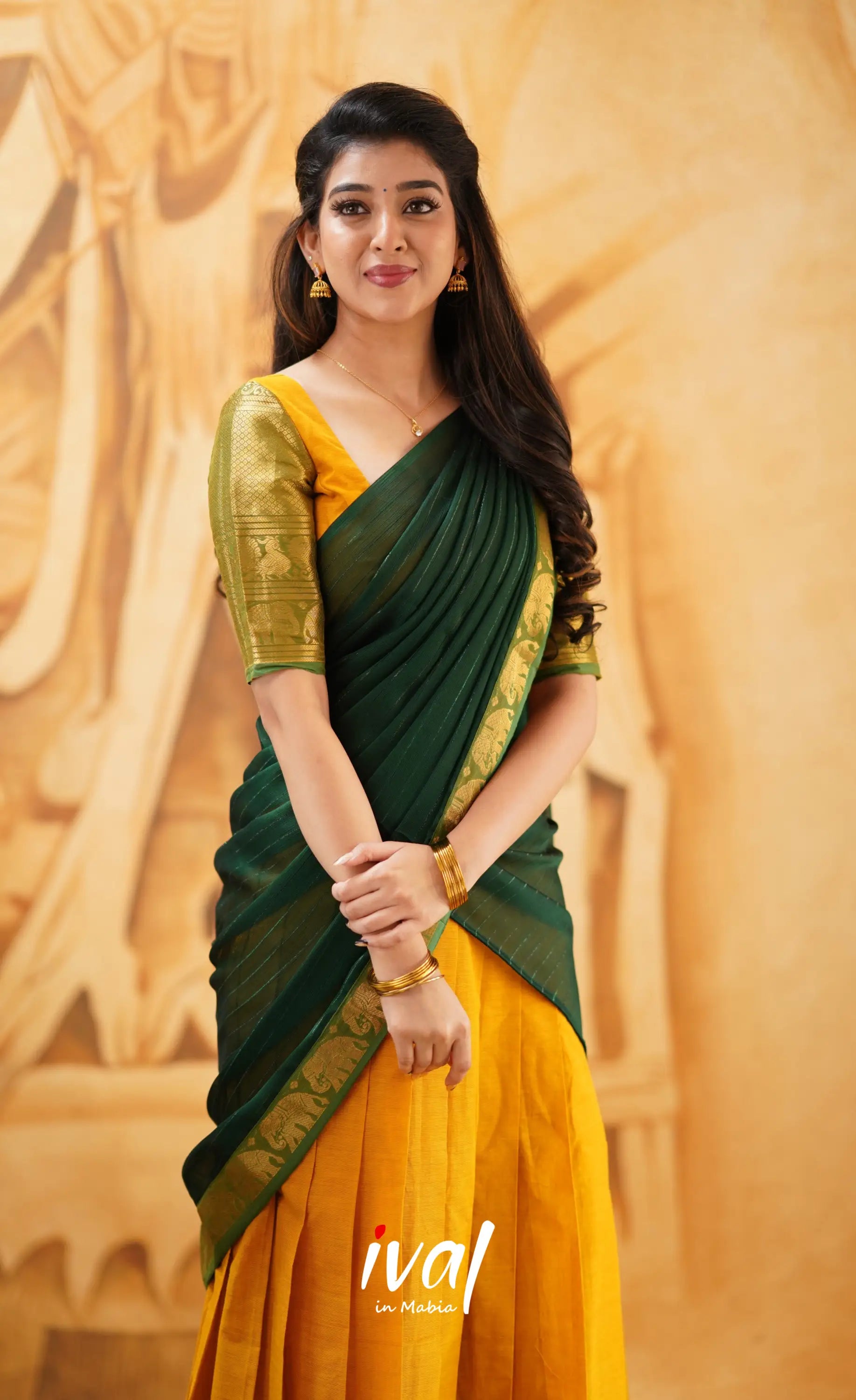 Padmaja - Mustard Yellow And Dark Green Cotton Halfsaree Half Sarees