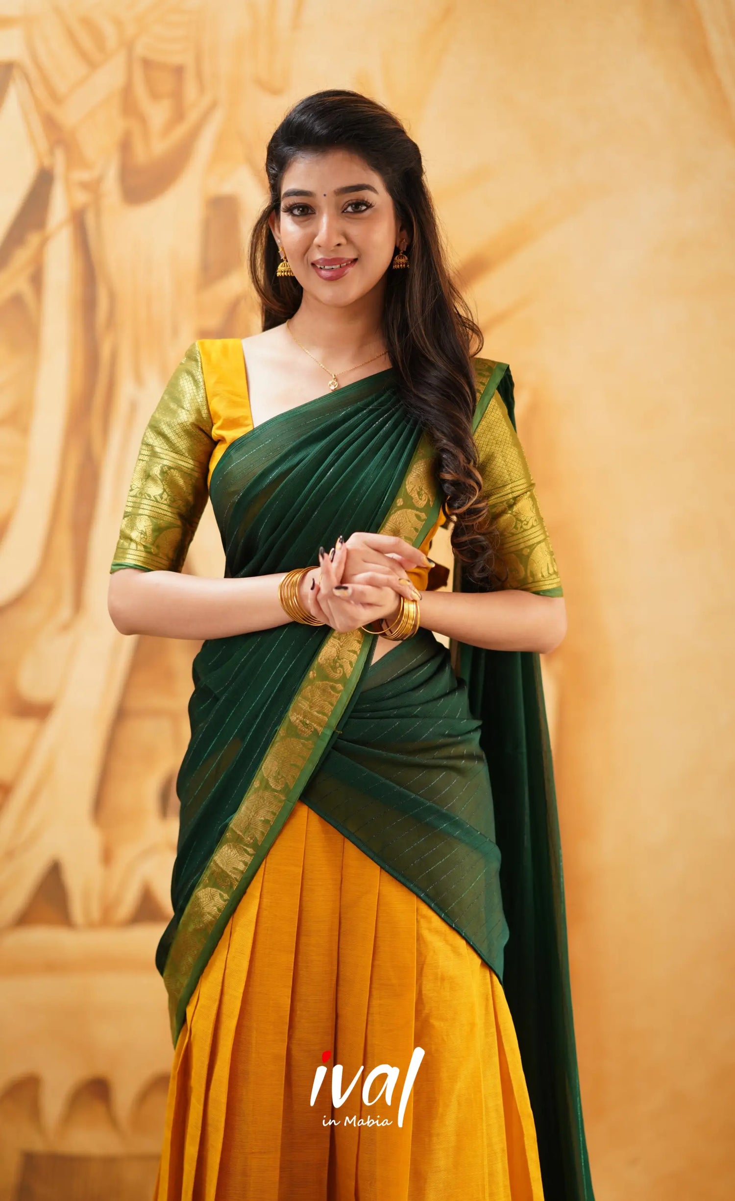 Padmaja - Mustard Yellow And Dark Green Cotton Halfsaree Half Sarees