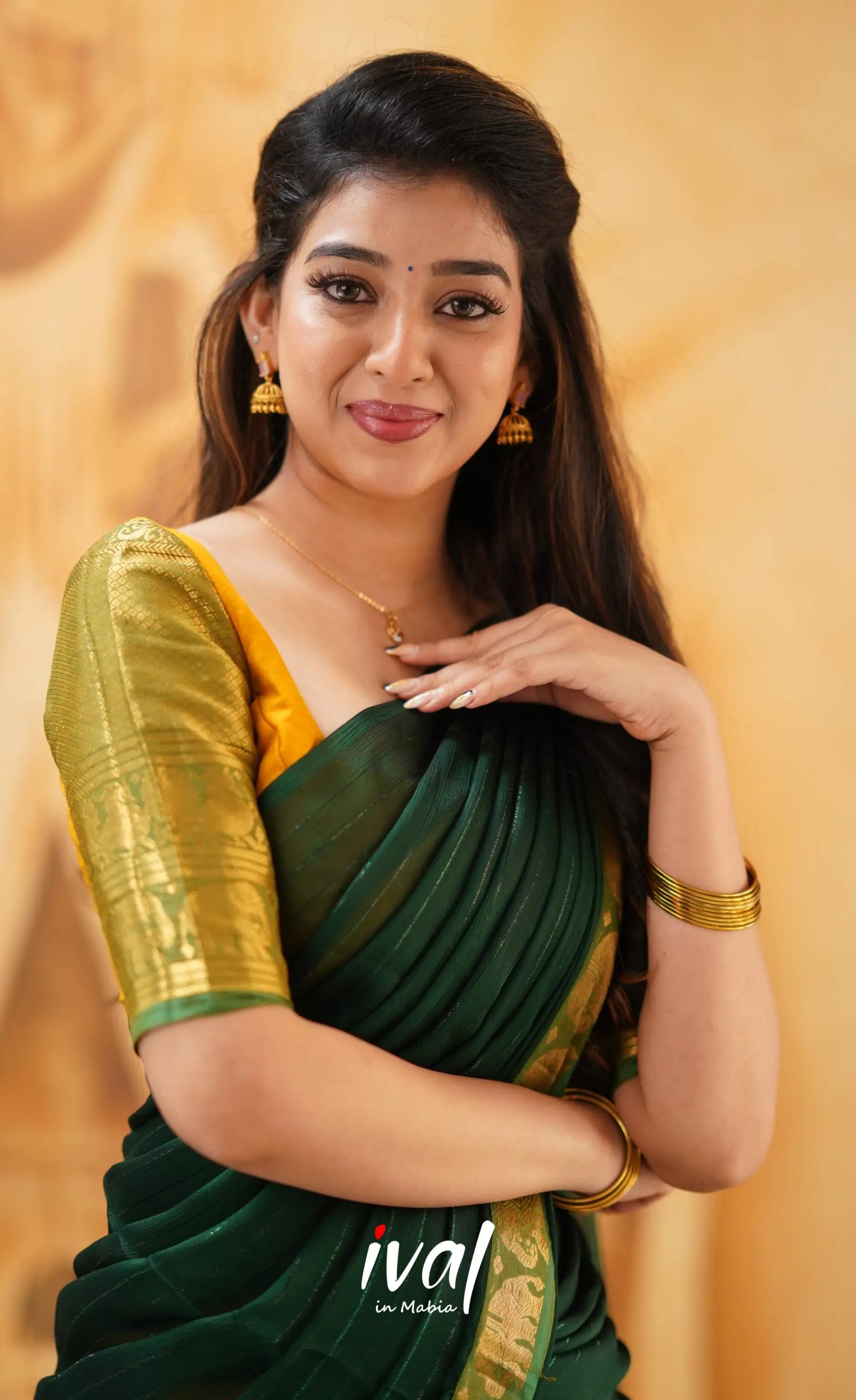 Padmaja - Mustard Yellow And Dark Green Cotton Halfsaree Half Sarees