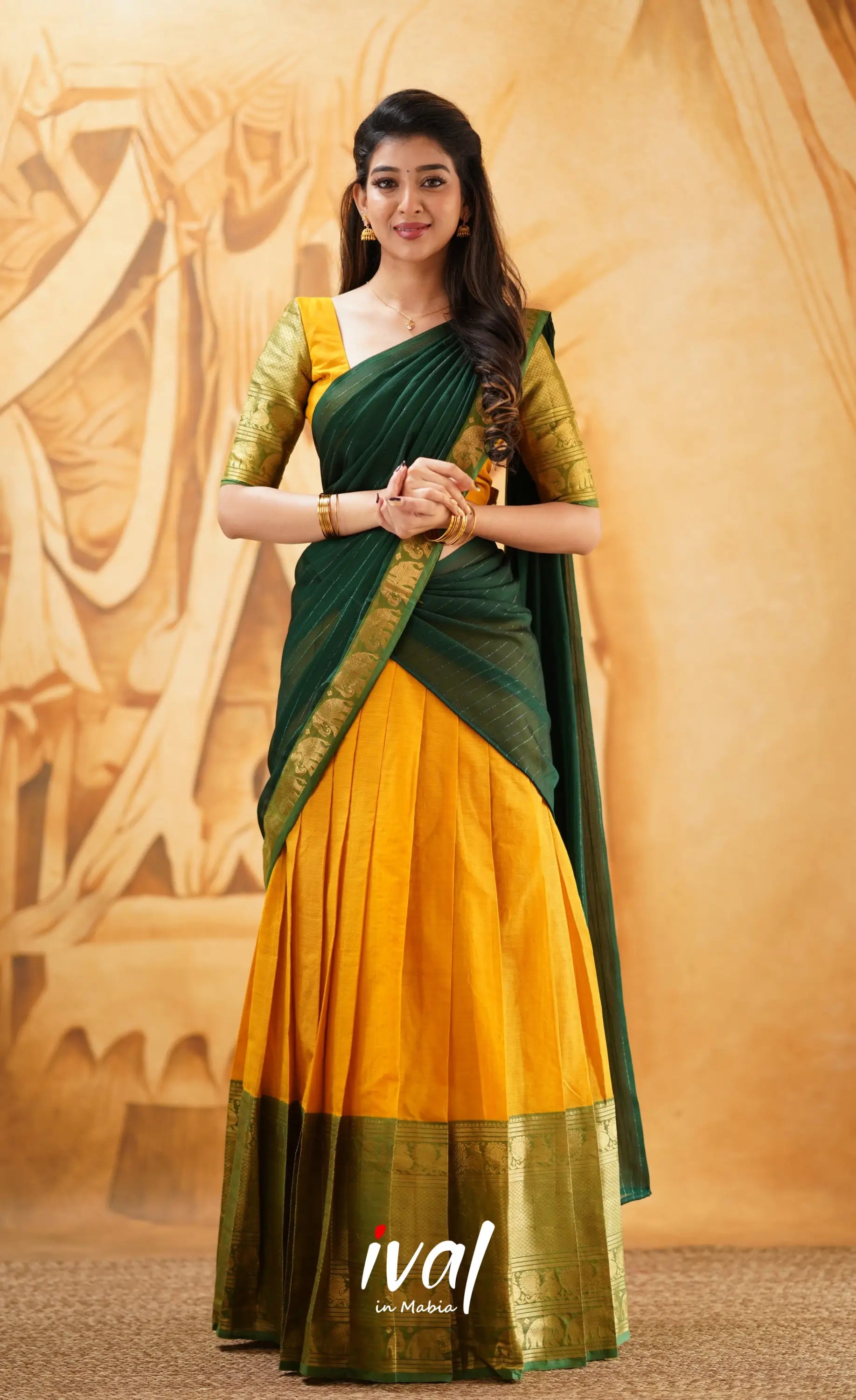 Padmaja - Mustard Yellow And Dark Green Cotton Halfsaree Half Sarees