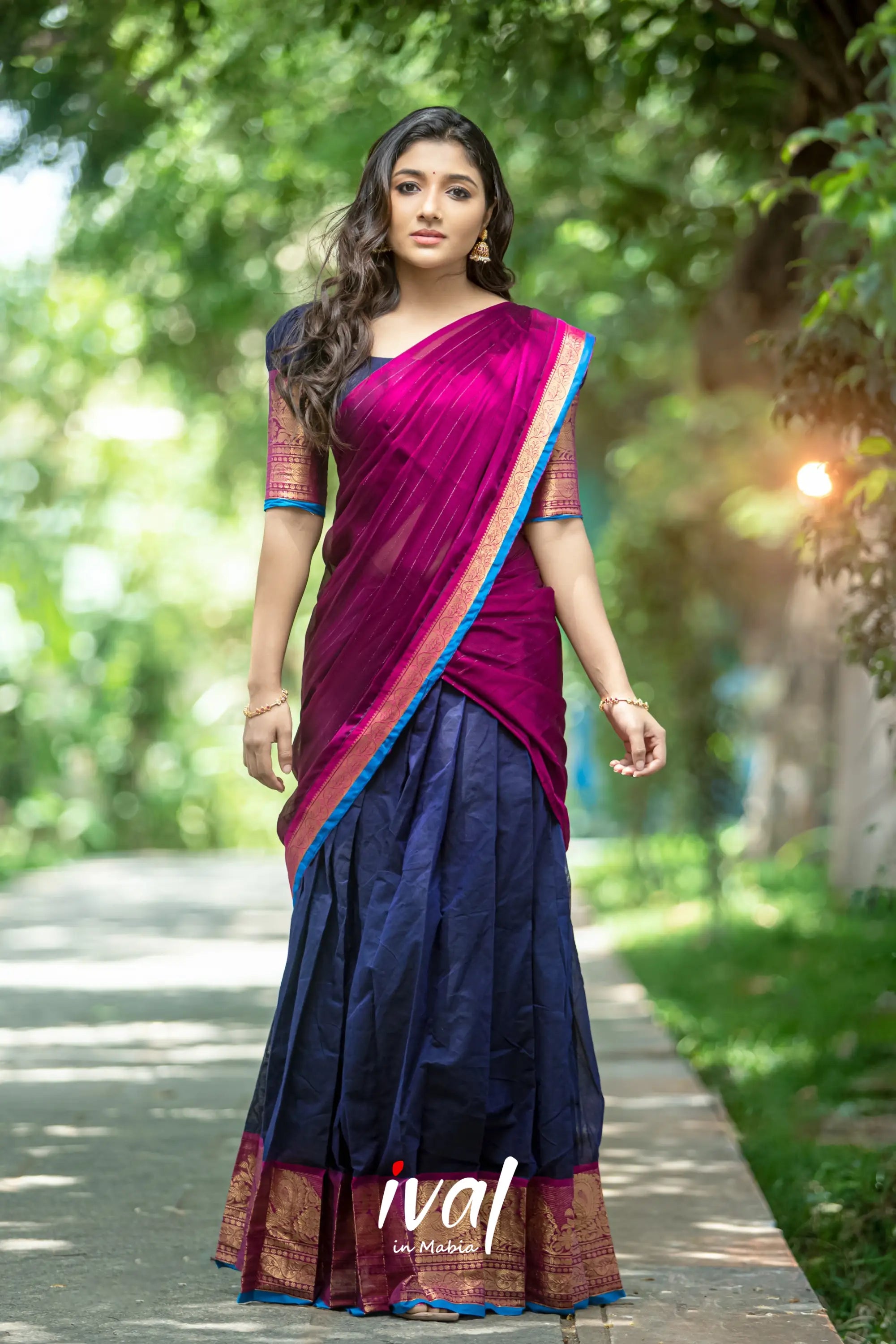 Padmaja - Navy Blue And Magenta Cotton Halfsaree Half Sarees