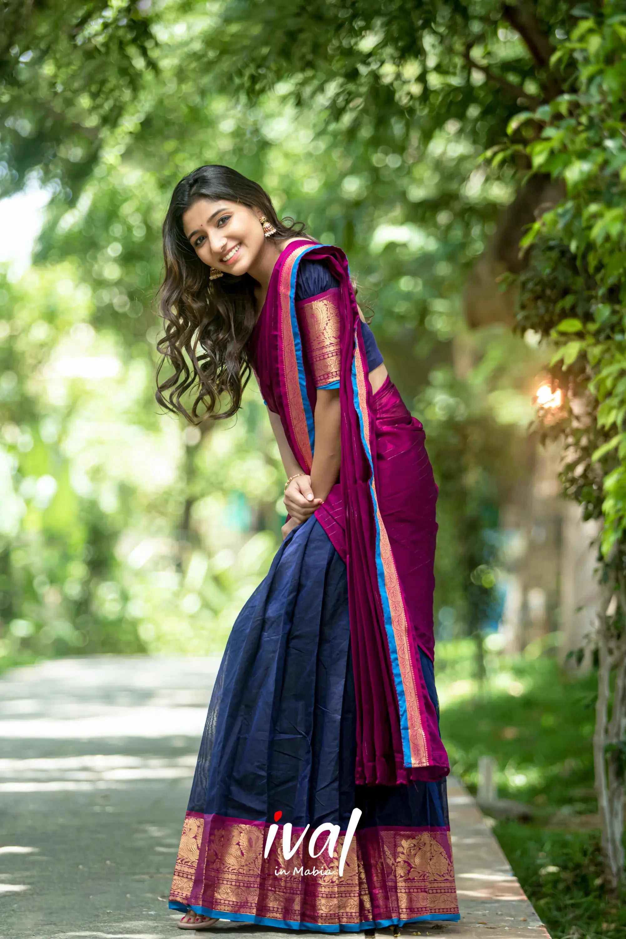 Padmaja - Navy Blue And Magenta Cotton Halfsaree Half Sarees