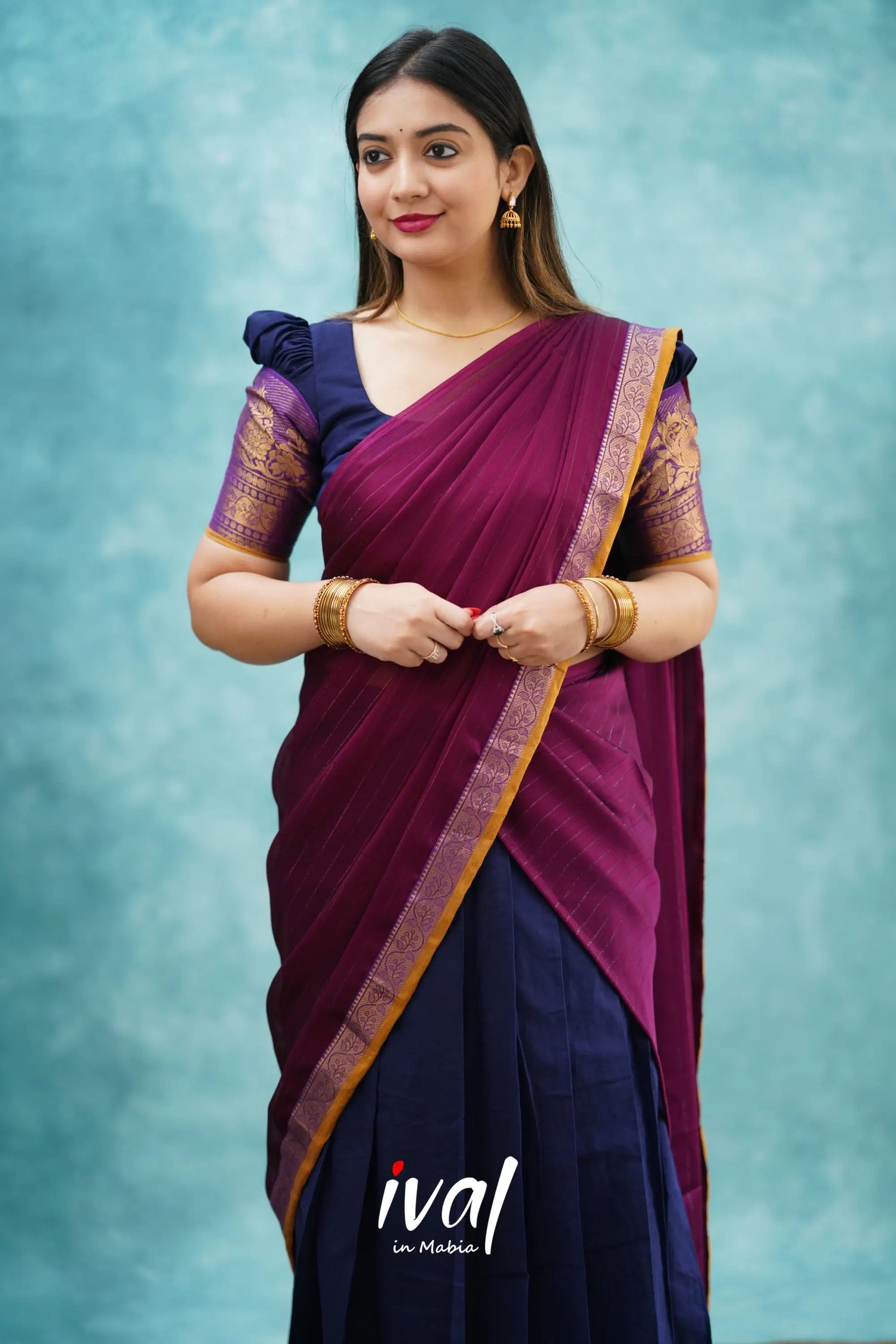 Padmaja - Navy Blue And Magenta Cotton Halfsaree Half Sarees