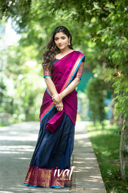 Padmaja - Navy Blue And Magenta Cotton Halfsaree Half Sarees