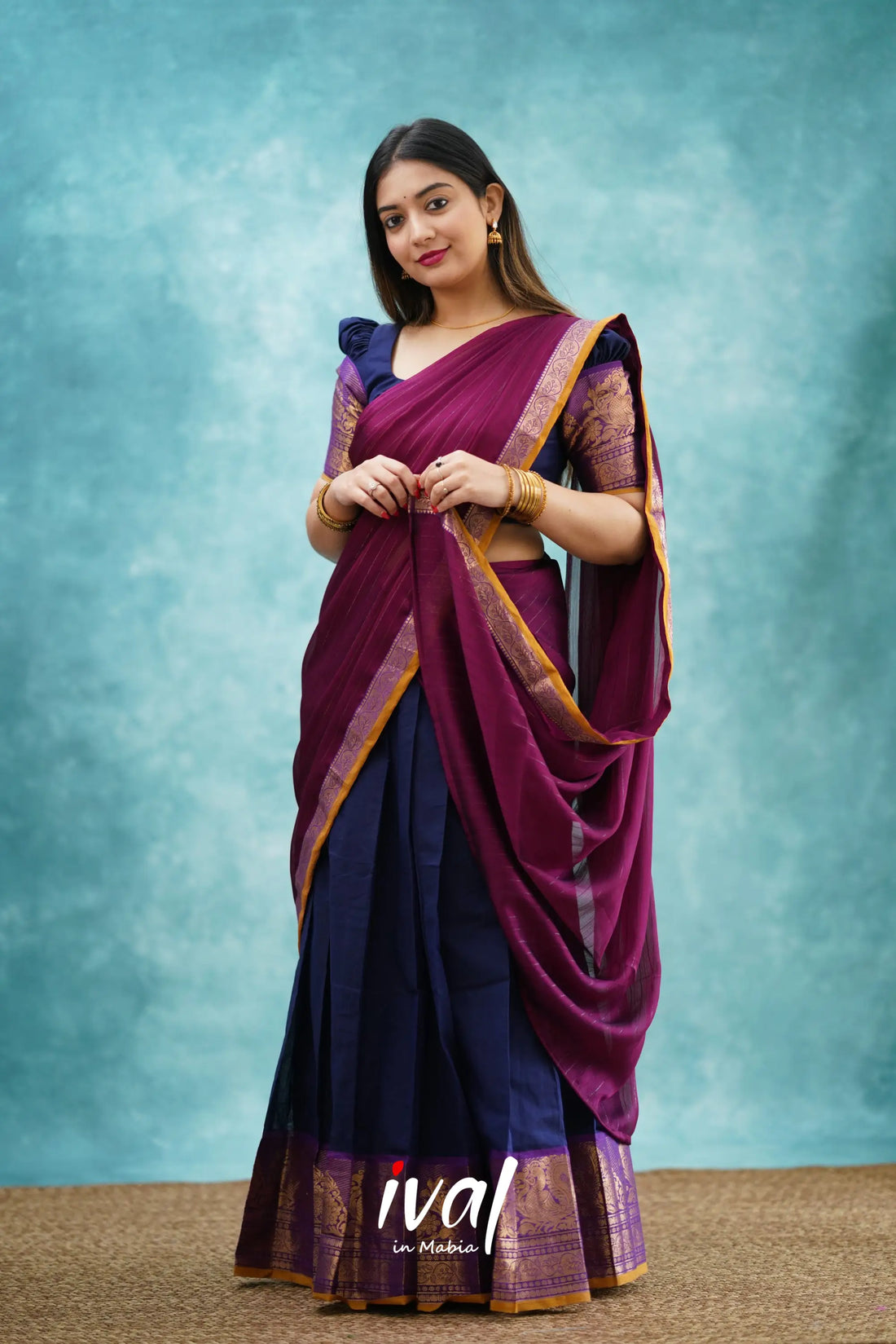 Padmaja - Navy Blue And Magenta Cotton Halfsaree Half Sarees