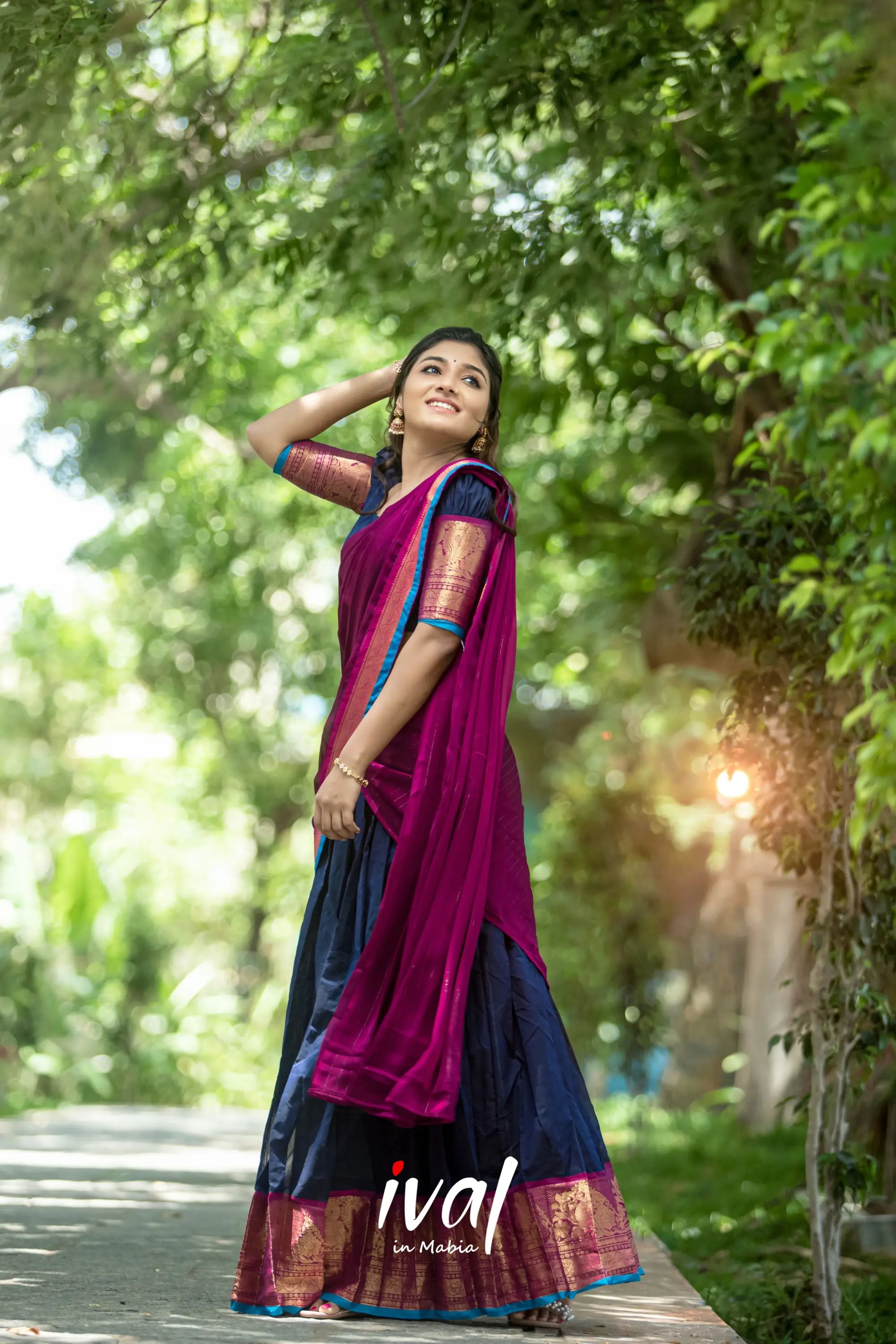 Padmaja - Navy Blue And Magenta Cotton Halfsaree Half Sarees