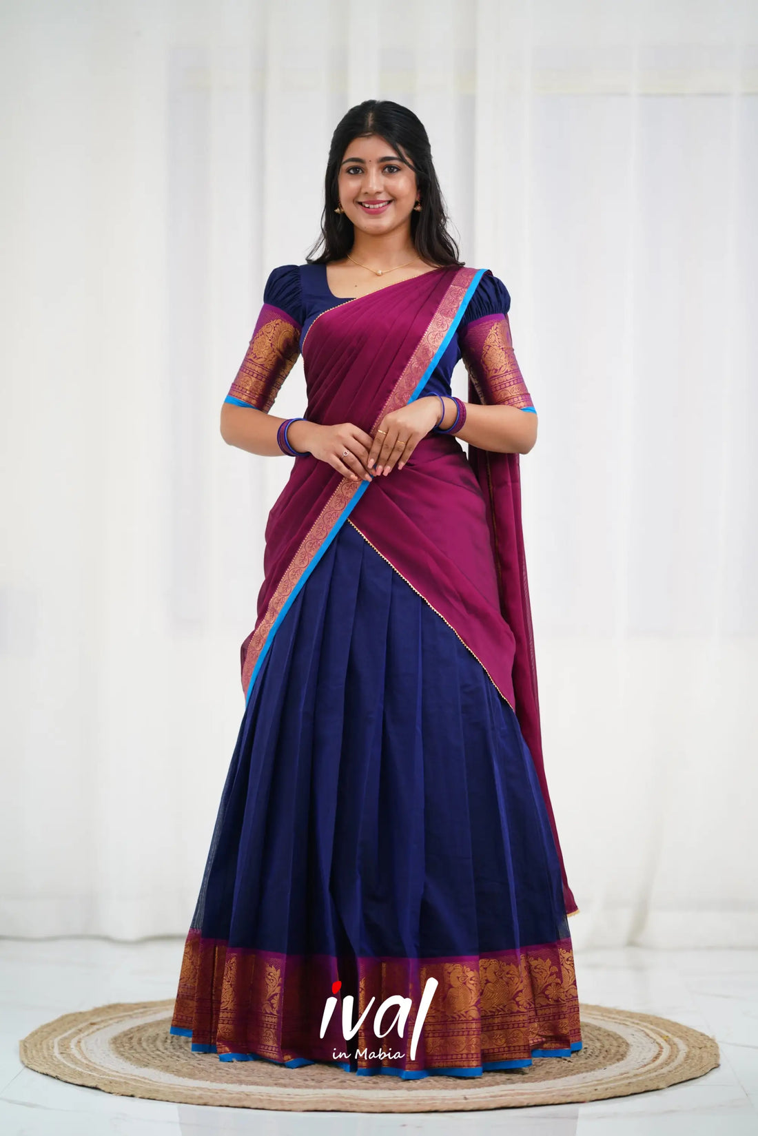 Padmaja - Navy Blue And Magenta Cotton Halfsaree Half Sarees