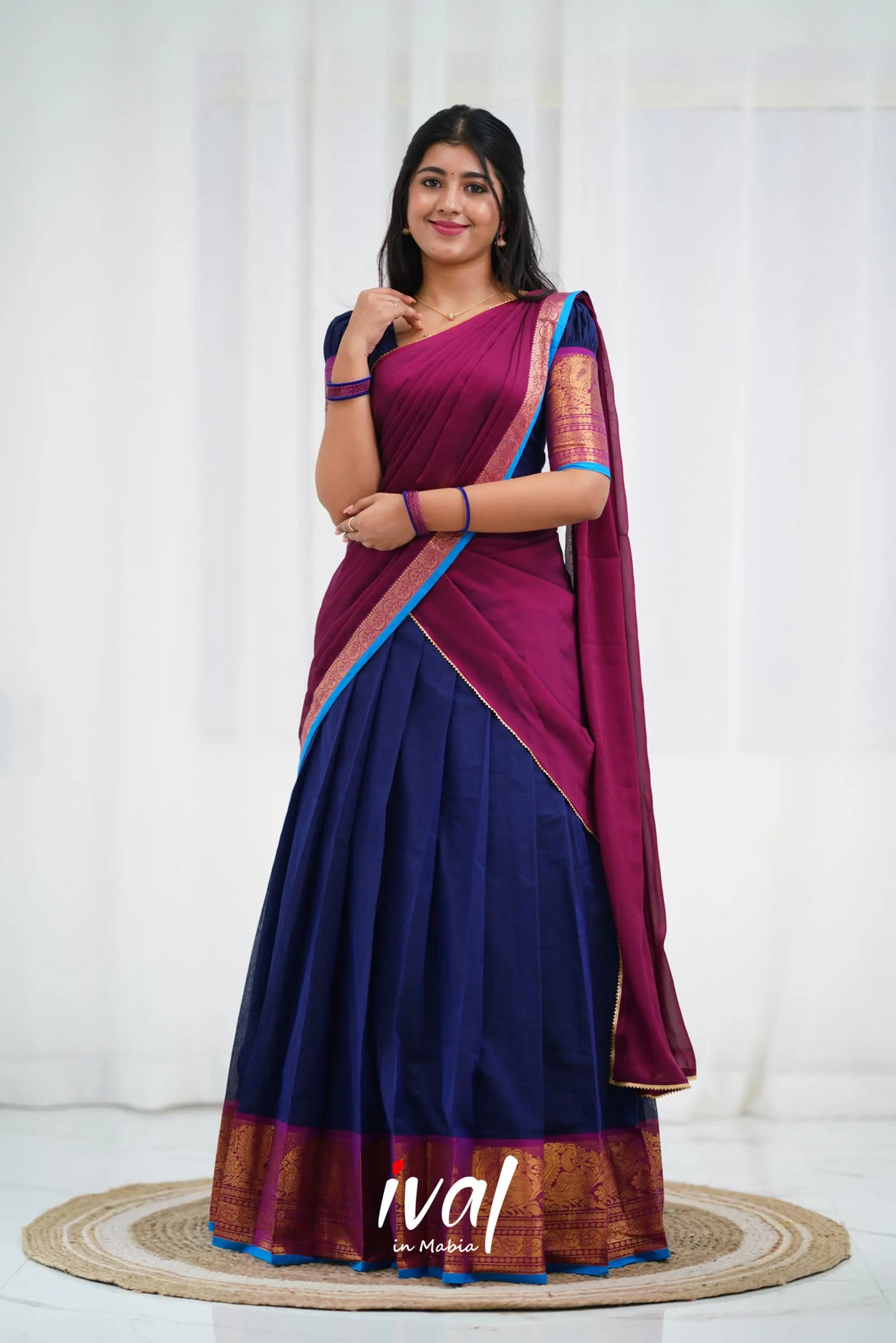 Padmaja - Navy Blue And Magenta Cotton Halfsaree Half Sarees