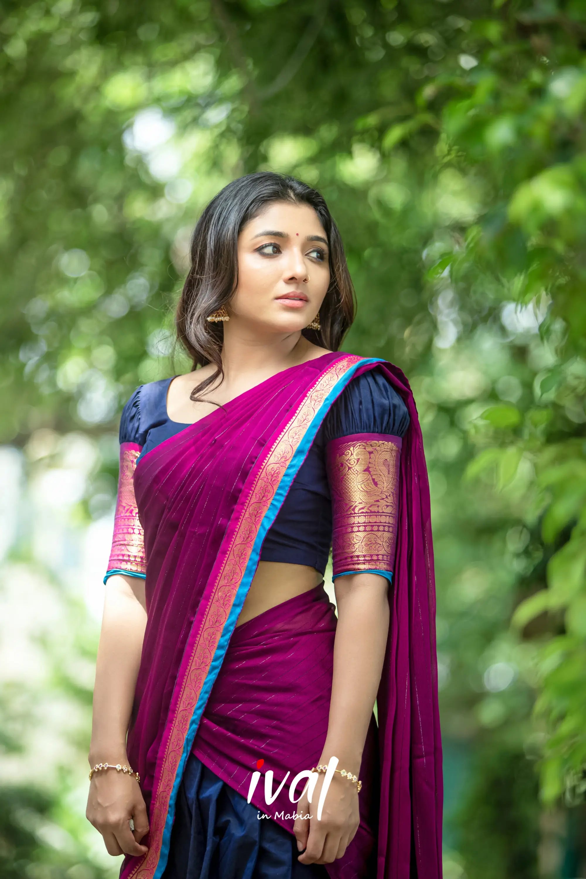 Padmaja - Navy Blue And Magenta Cotton Halfsaree Half Sarees