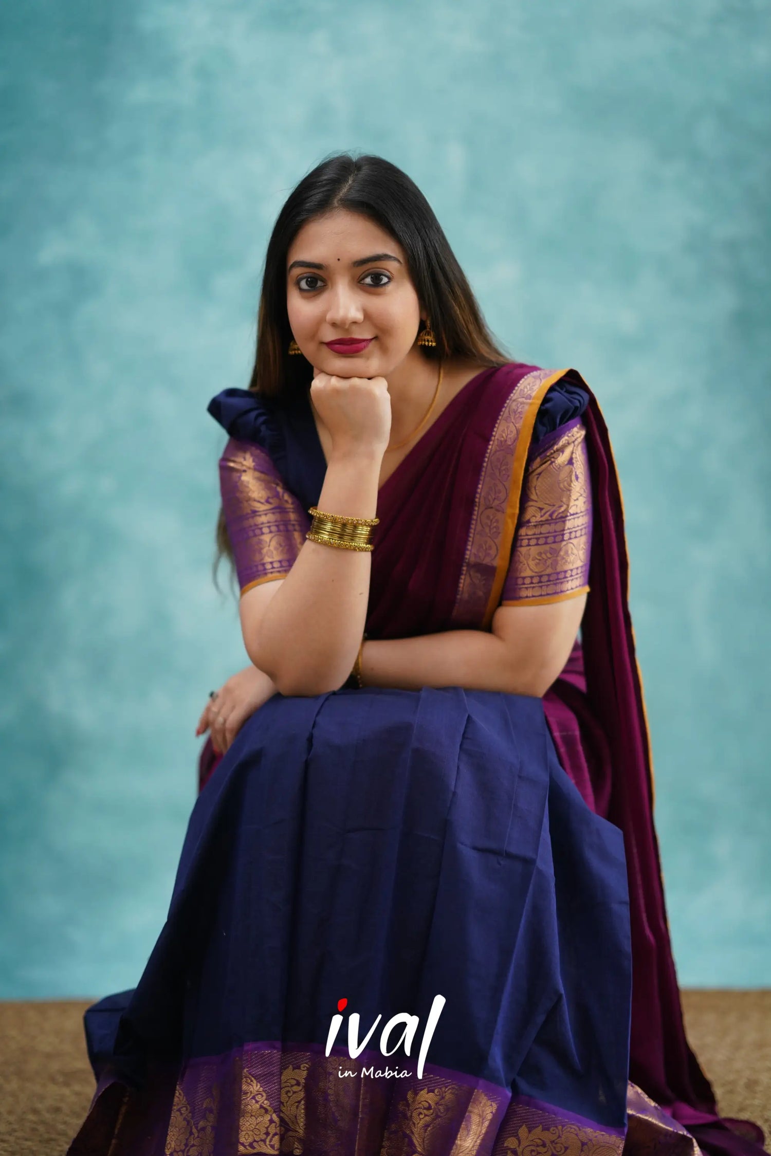 Padmaja - Navy Blue And Magenta Cotton Halfsaree Half Sarees