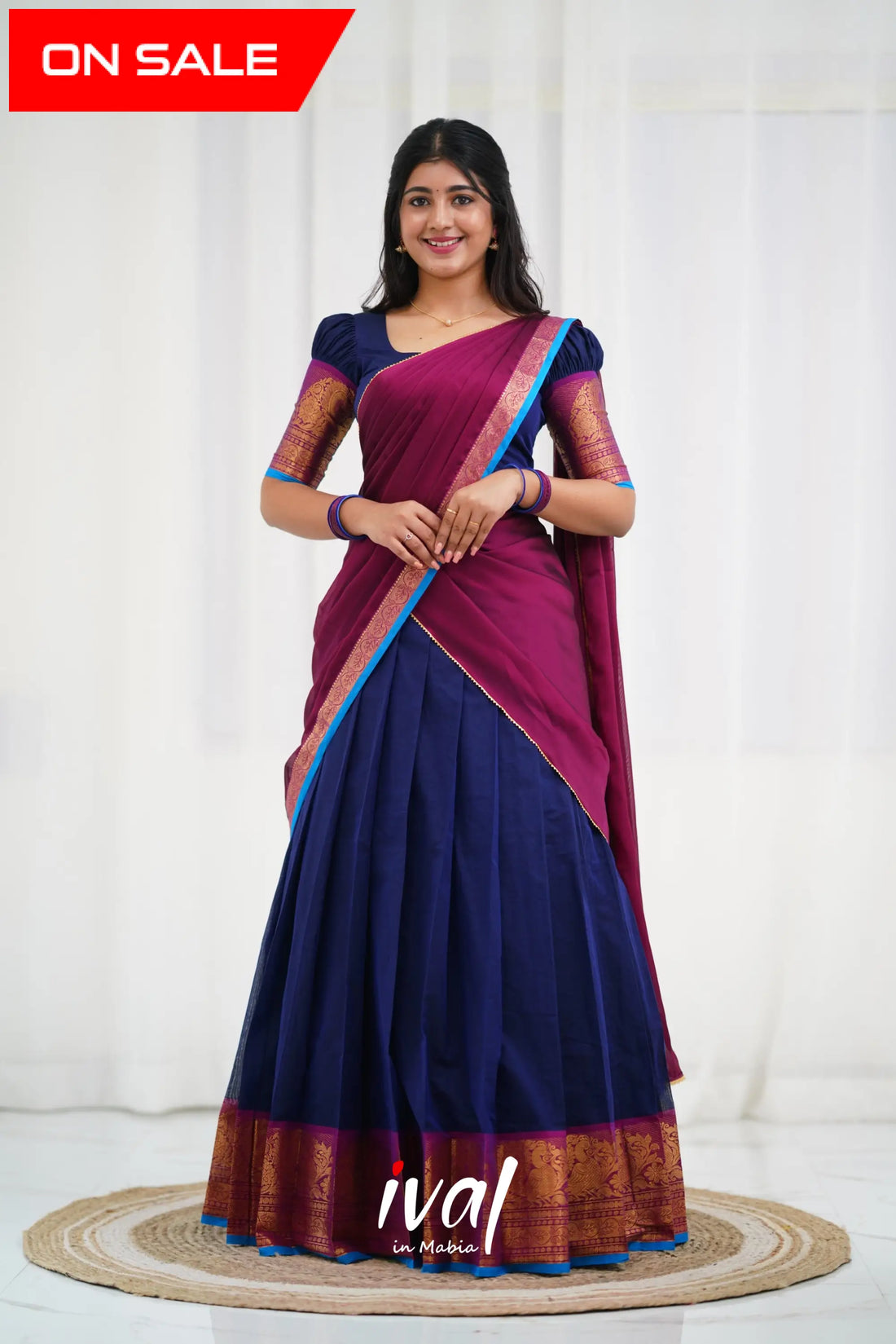 Padmaja - Navy Blue And Magenta Cotton Halfsaree Half Sarees