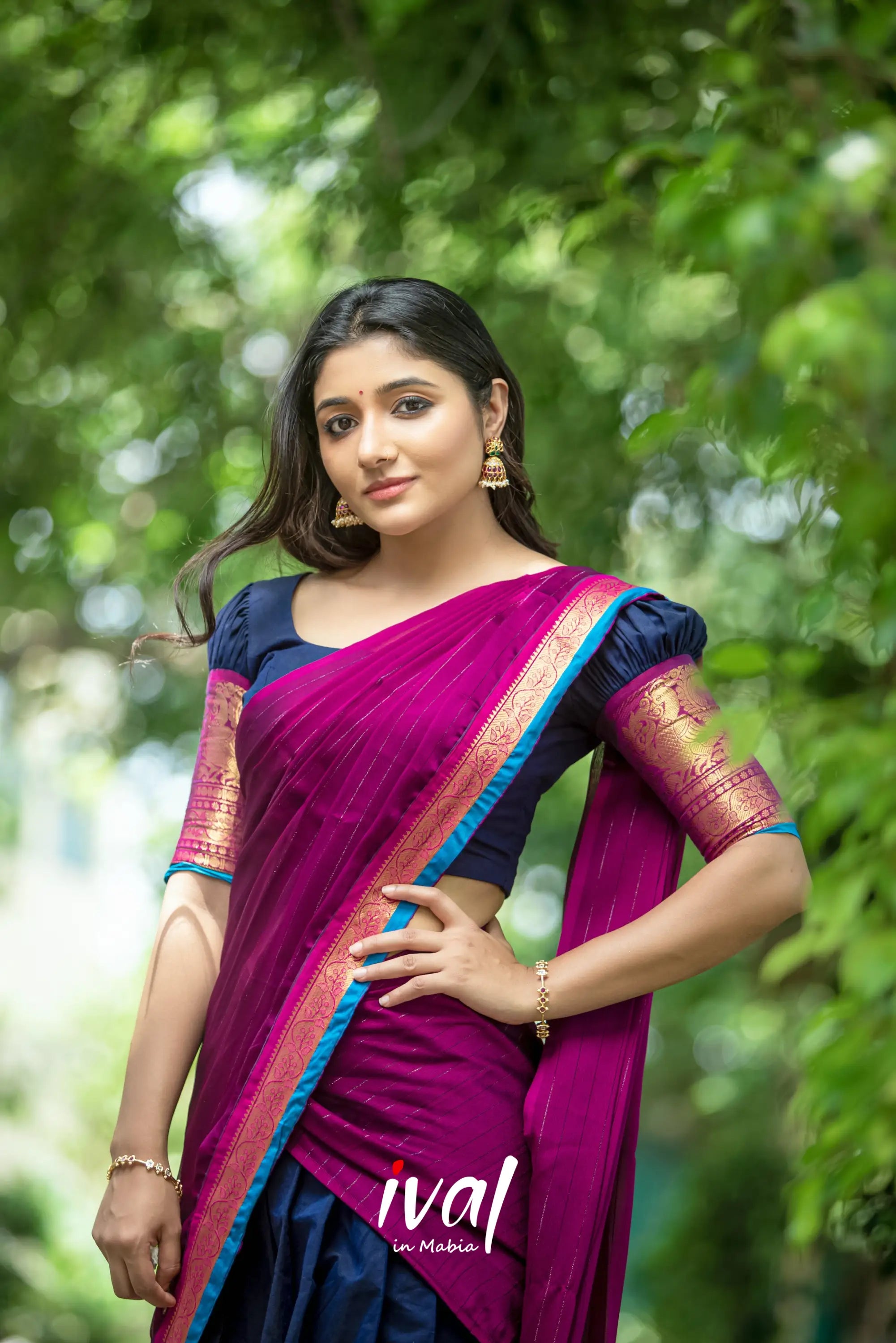 Padmaja - Navy Blue And Magenta Cotton Halfsaree Half Sarees