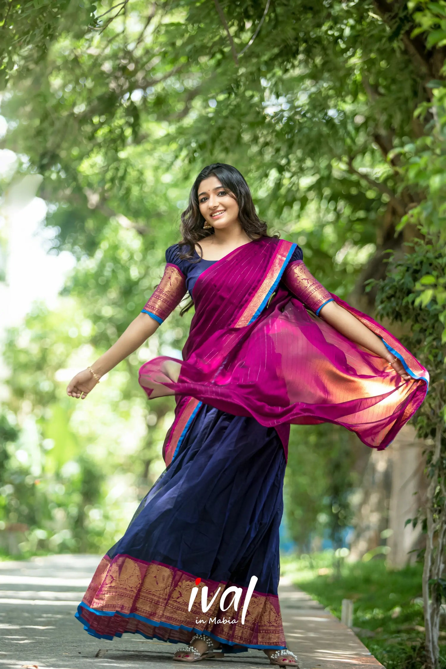 Padmaja - Navy Blue And Magenta Cotton Halfsaree Half Sarees