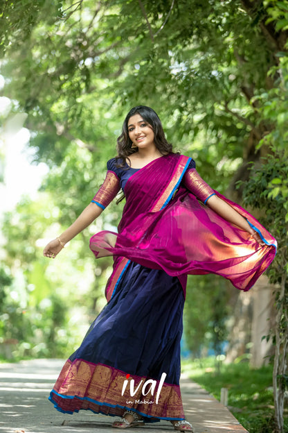 Padmaja - Navy Blue And Magenta Cotton Halfsaree Half Sarees