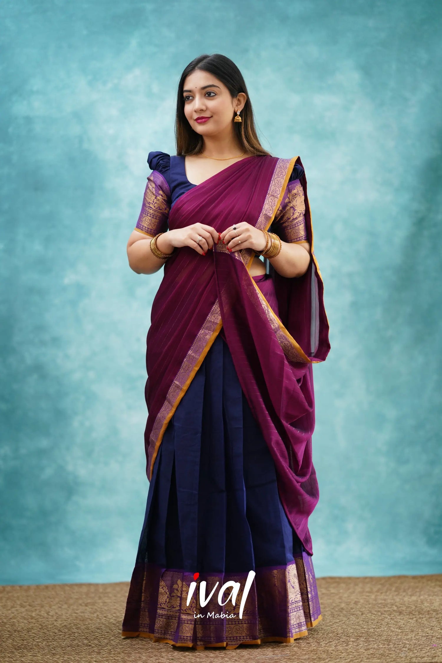 Padmaja - Navy Blue And Magenta Cotton Halfsaree Half Sarees