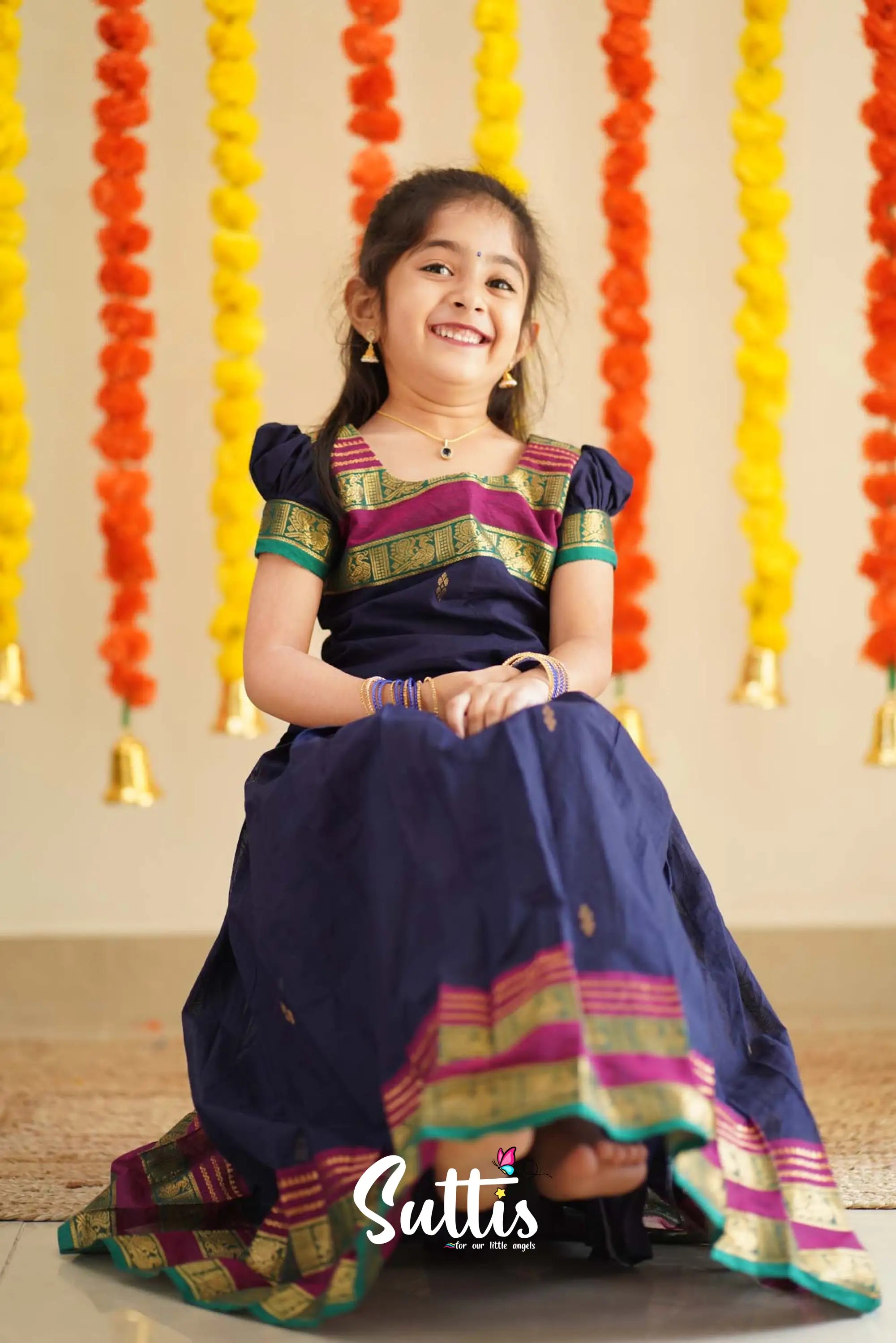 Padmaja - Navy Blue And Magenta Handloom Cotton Pavadai Sattai Kids-Suttis