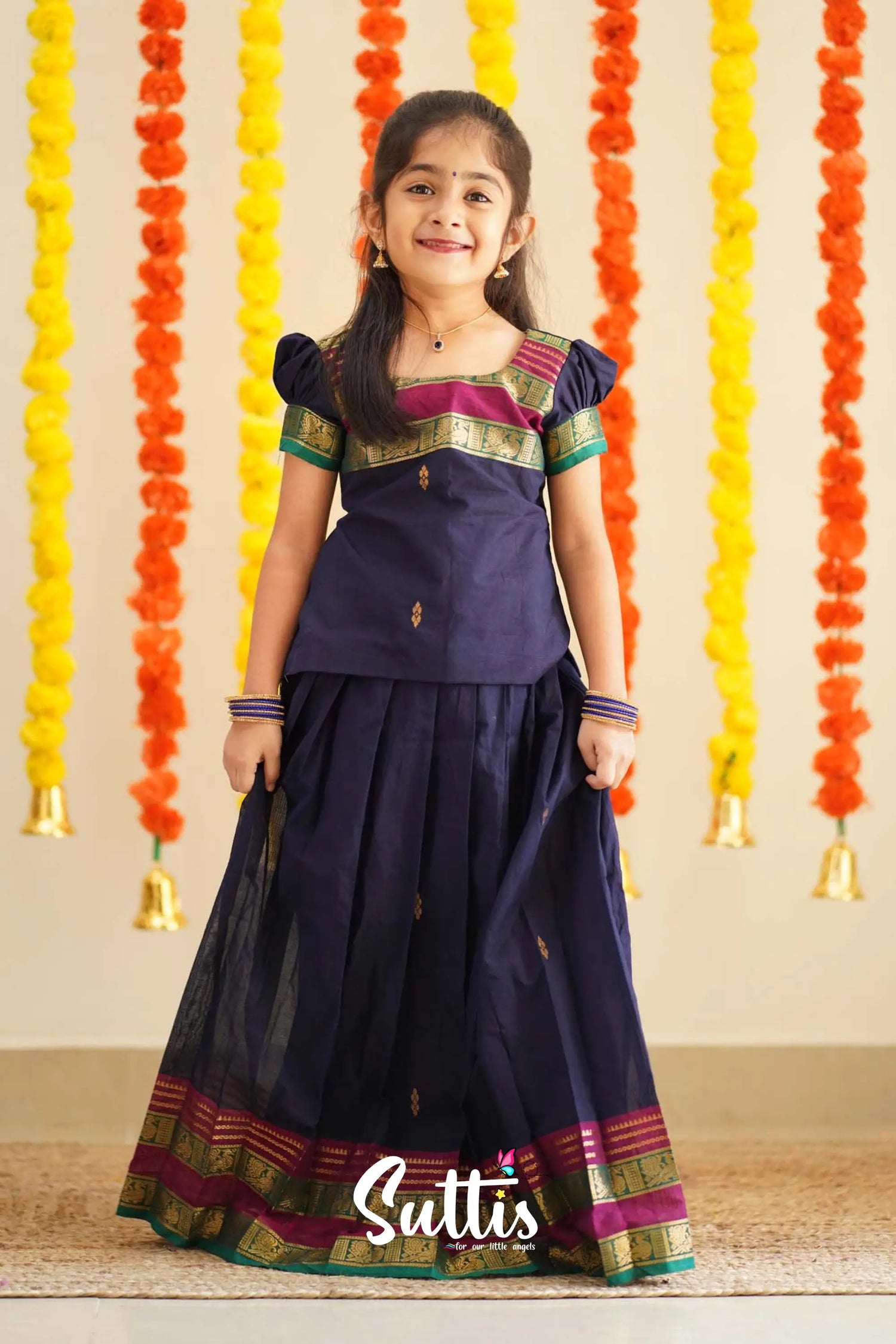 Padmaja - Navy Blue And Magenta Handloom Cotton Pavadai Sattai Kids-Suttis