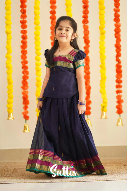 Padmaja - Navy Blue And Magenta Handloom Cotton Pavadai Sattai Kids-Suttis