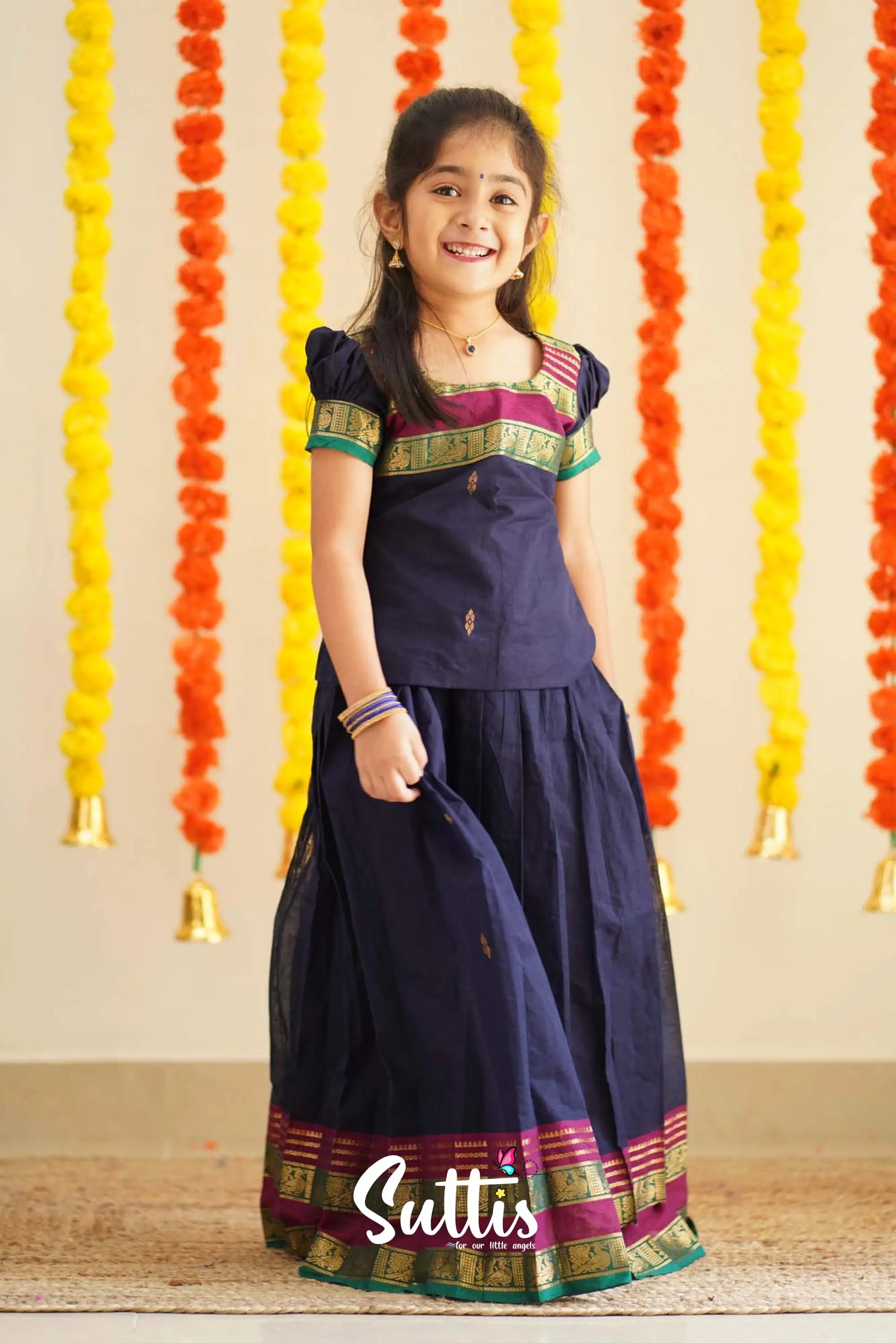 Padmaja - Navy Blue And Magenta Handloom Cotton Pavadai Sattai Kids-Suttis