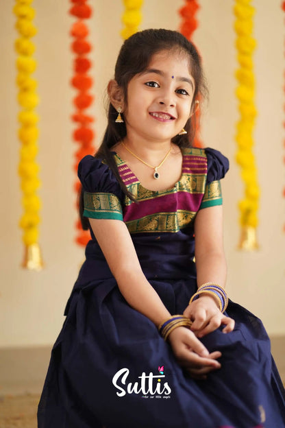 Padmaja - Navy Blue And Magenta Handloom Cotton Pavadai Sattai Kids-Suttis