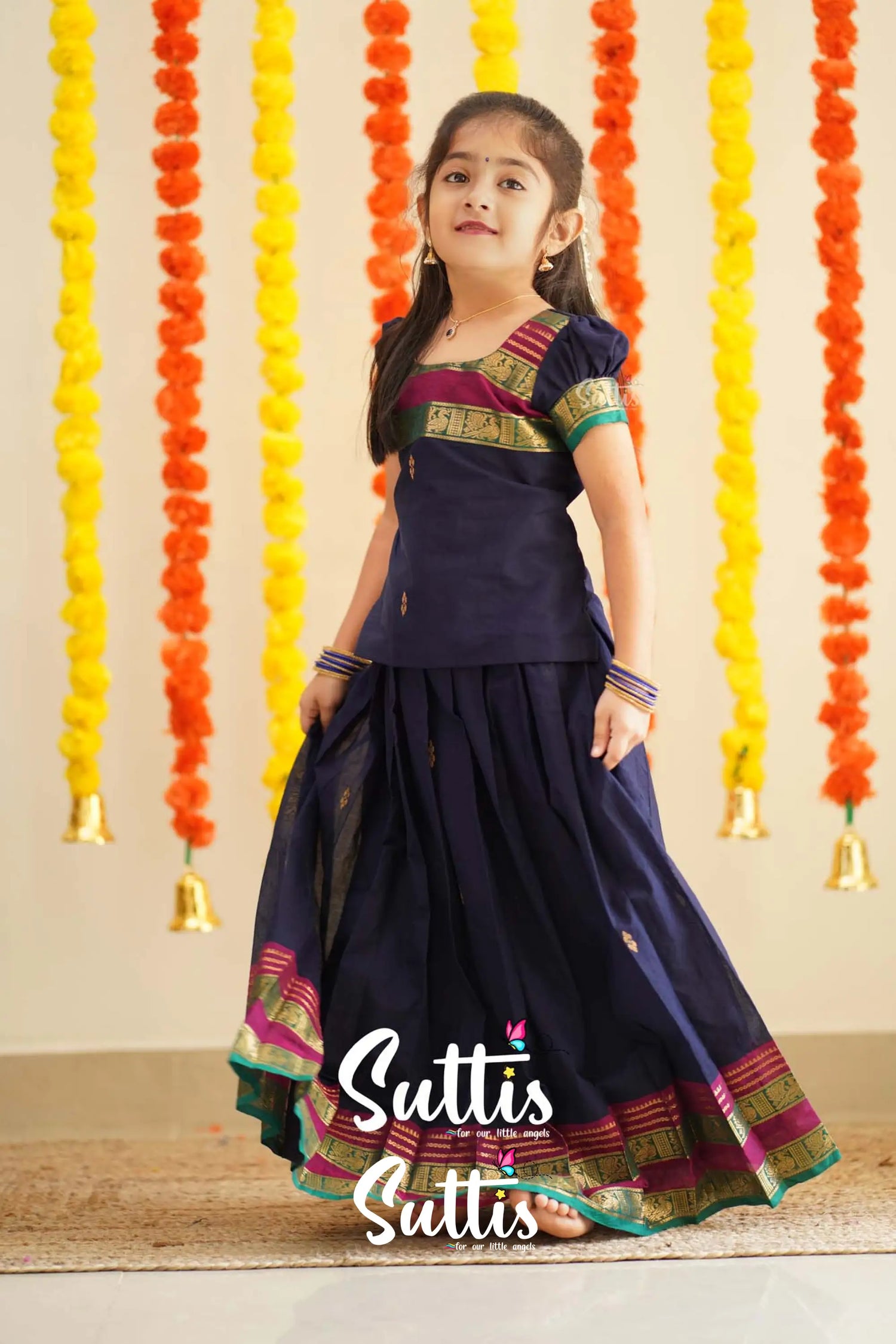 Padmaja - Navy Blue And Magenta Handloom Cotton Pavadai Sattai Kids-Suttis