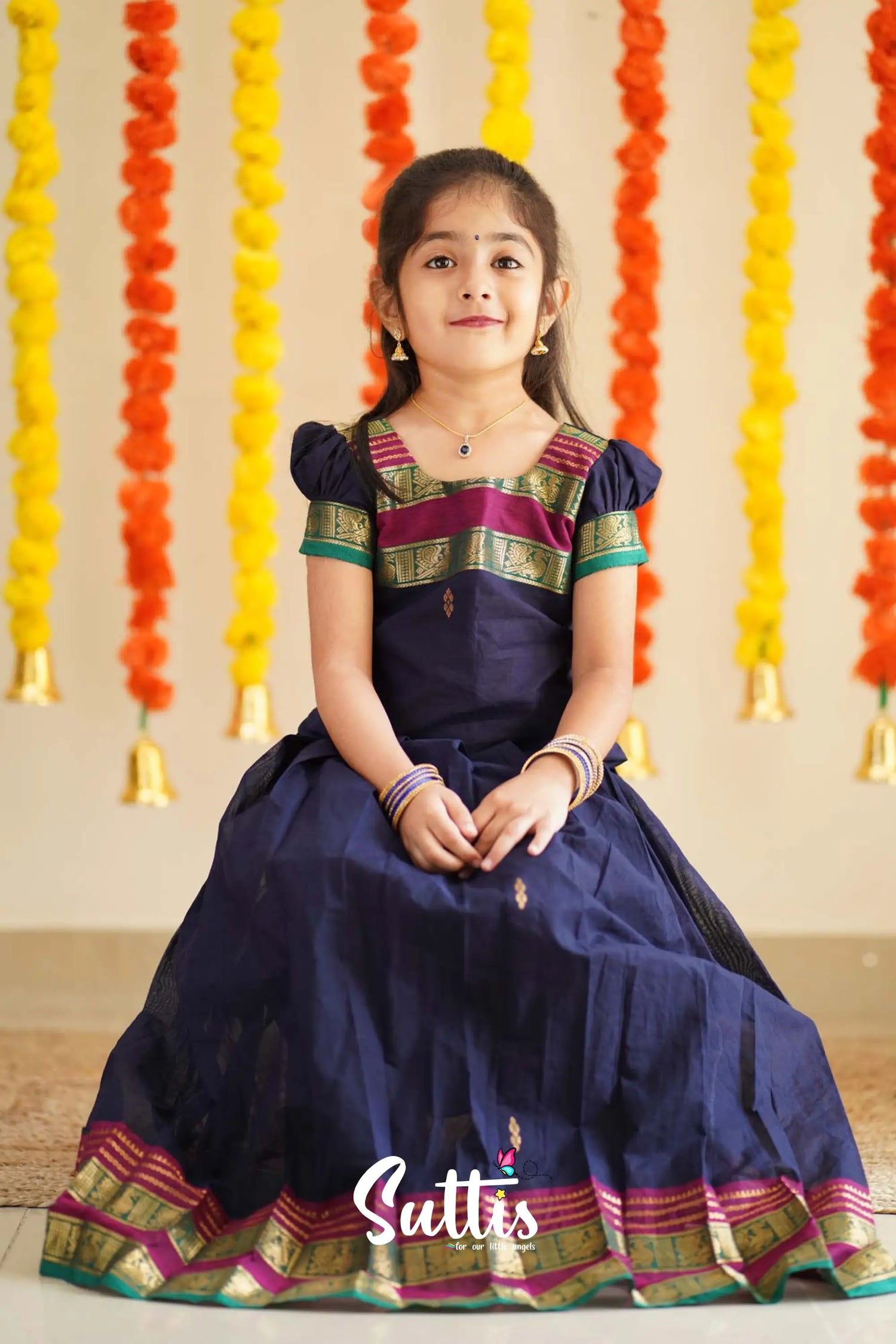 Padmaja - Navy Blue And Magenta Handloom Cotton Pavadai Sattai Kids-Suttis