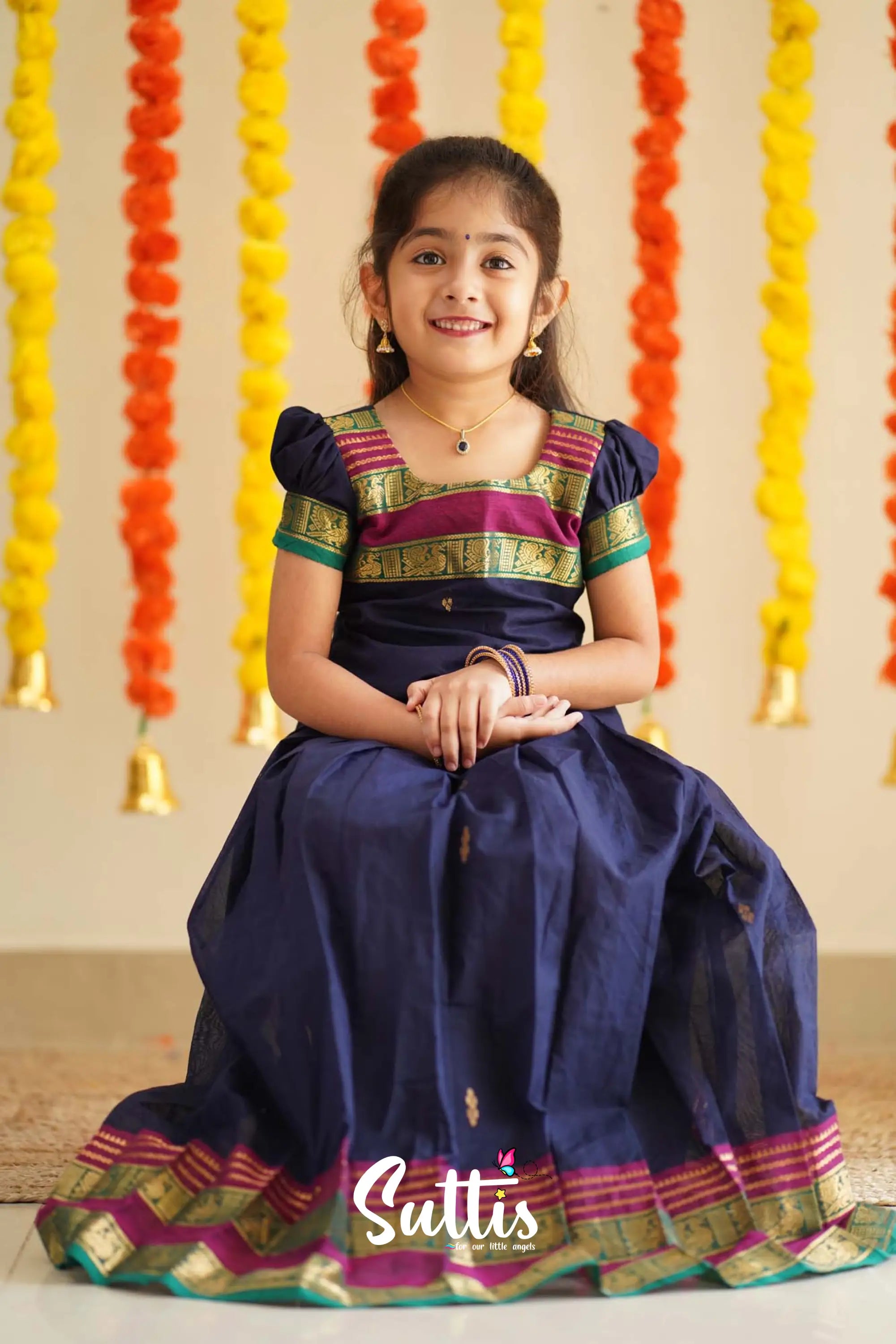 Padmaja - Navy Blue And Magenta Handloom Cotton Pavadai Sattai Kids-Suttis