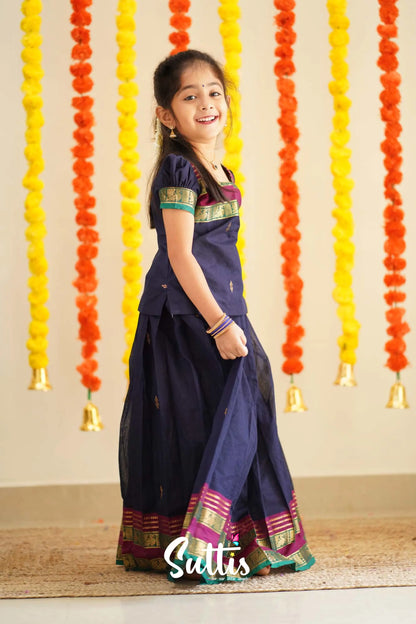 Padmaja - Navy Blue And Magenta Handloom Cotton Pavadai Sattai Kids-Suttis
