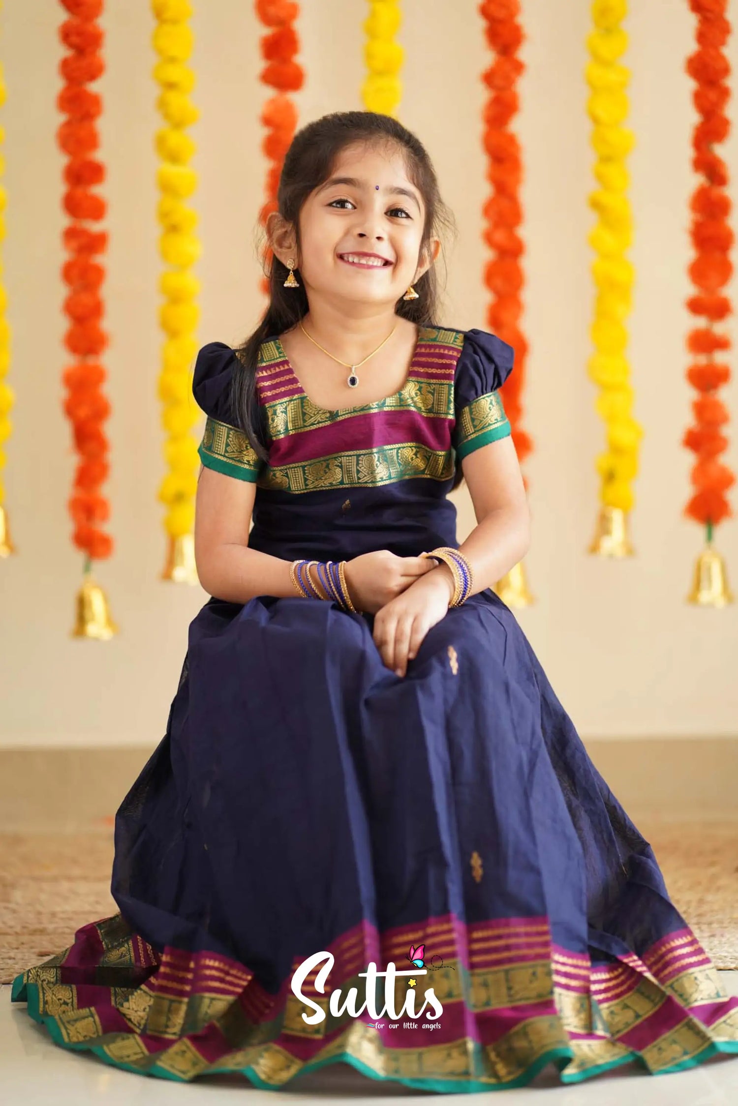 Padmaja - Navy Blue And Magenta Handloom Cotton Pavadai Sattai Kids-Suttis