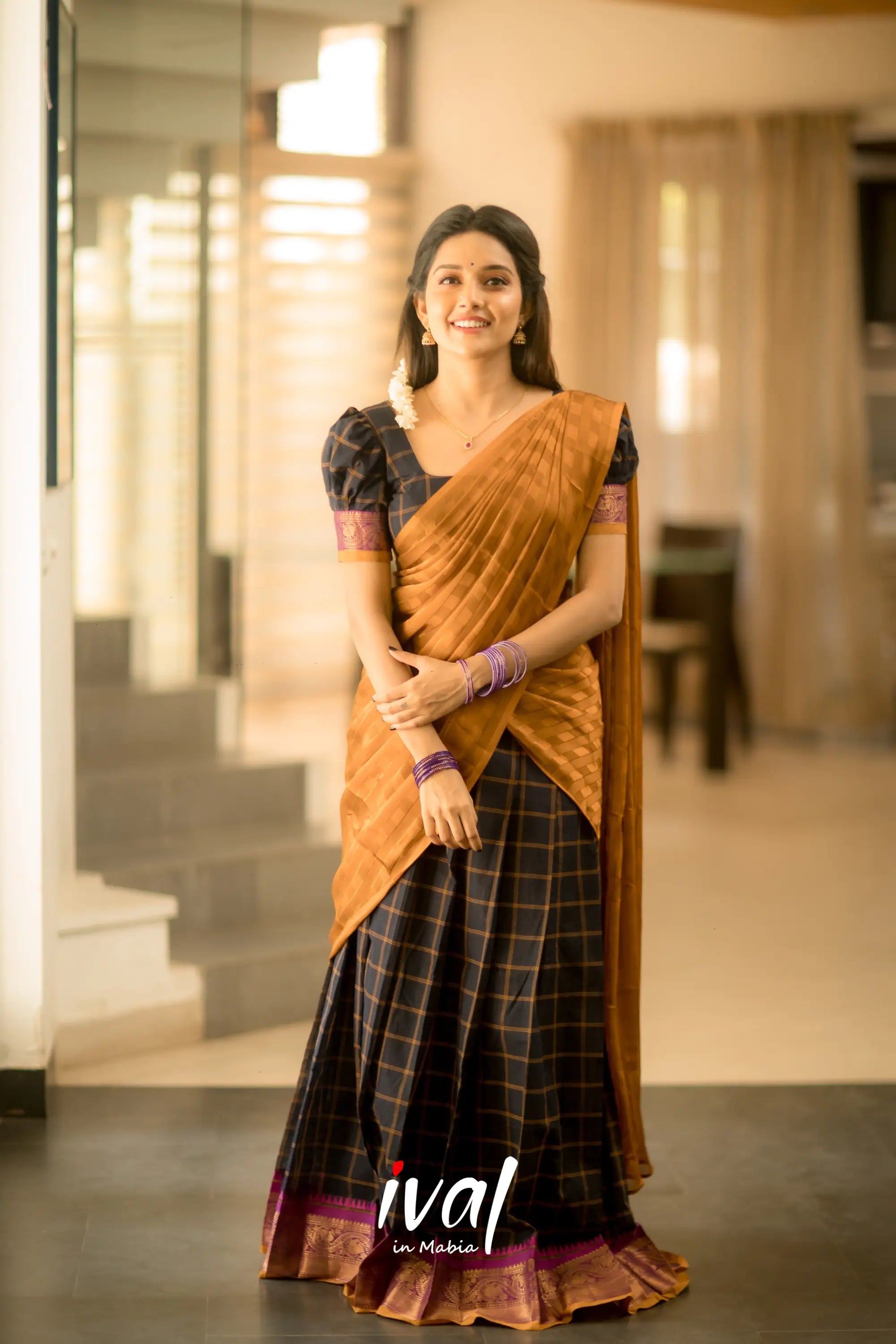 Padmaja - Navy Blue And Mustard Cotton Half Saree Sarees