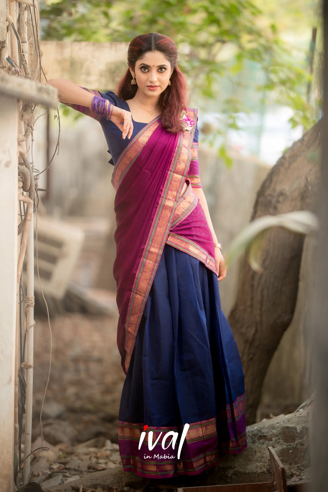 Padmaja - Navy Blue And Pinkish Magenta Cotton Halfsaree Half Sarees