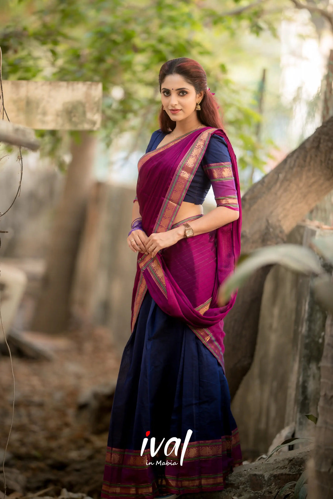 Padmaja - Navy Blue And Pinkish Magenta Cotton Halfsaree Half Sarees