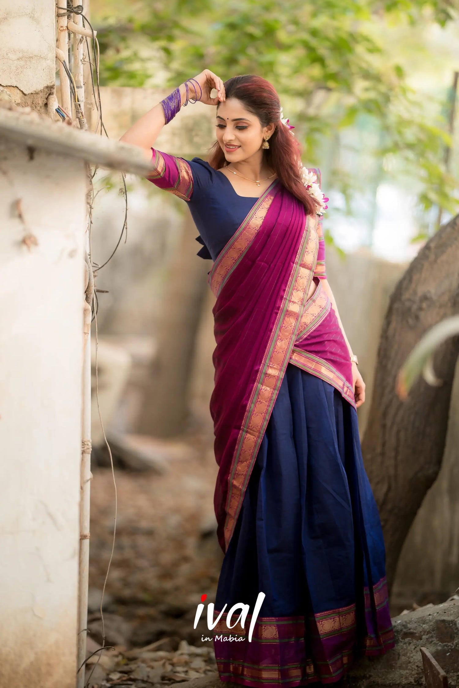 Padmaja - Navy Blue And Pinkish Magenta Cotton Halfsaree Half Sarees