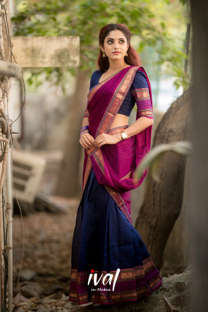 Padmaja - Navy Blue And Pinkish Magenta Cotton Halfsaree Half Sarees