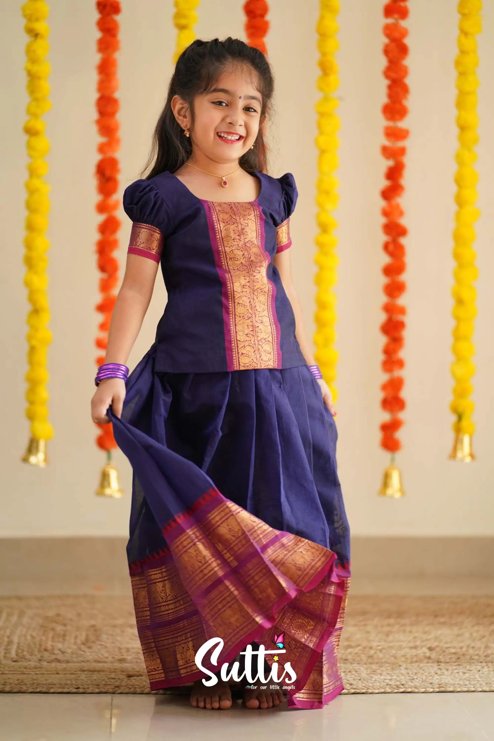 Padmaja - Navy Blue And Purplish Magenta Handloom Cotton Pavadai Sattai Kids-Suttis