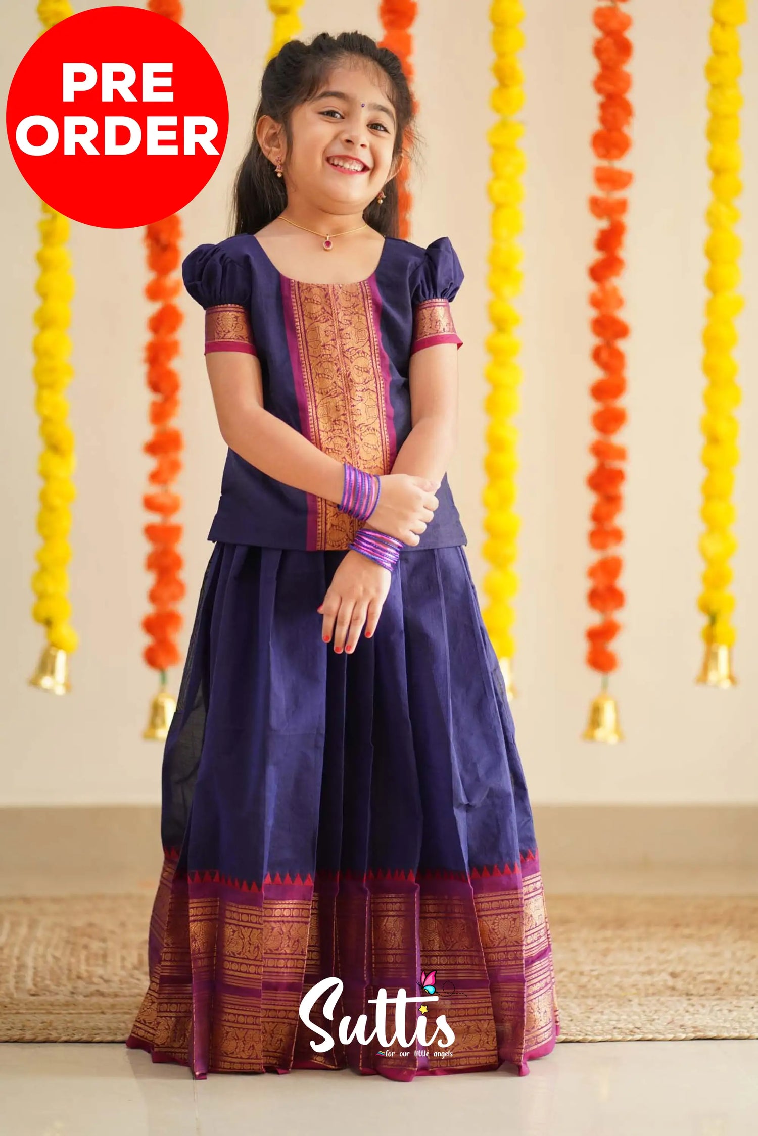 Padmaja - Navy Blue And Purplish Magenta Handloom Cotton Pavadai Sattai Kids-Suttis