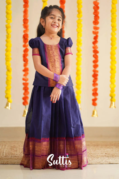 Padmaja - Navy Blue And Purplish Magenta Handloom Cotton Pavadai Sattai Kids-Suttis