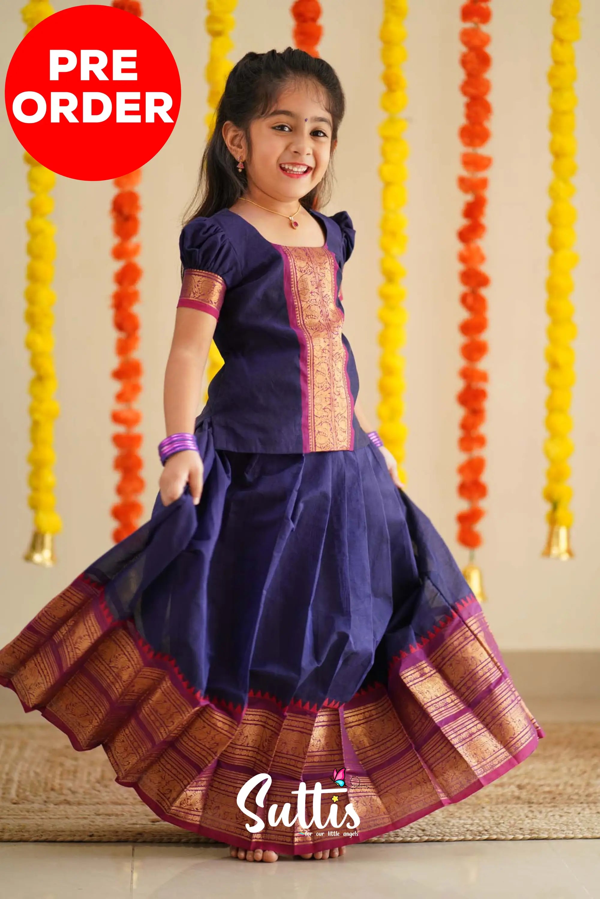 Padmaja - Navy Blue And Purplish Magenta Handloom Cotton Pavadai Sattai Kids-Suttis