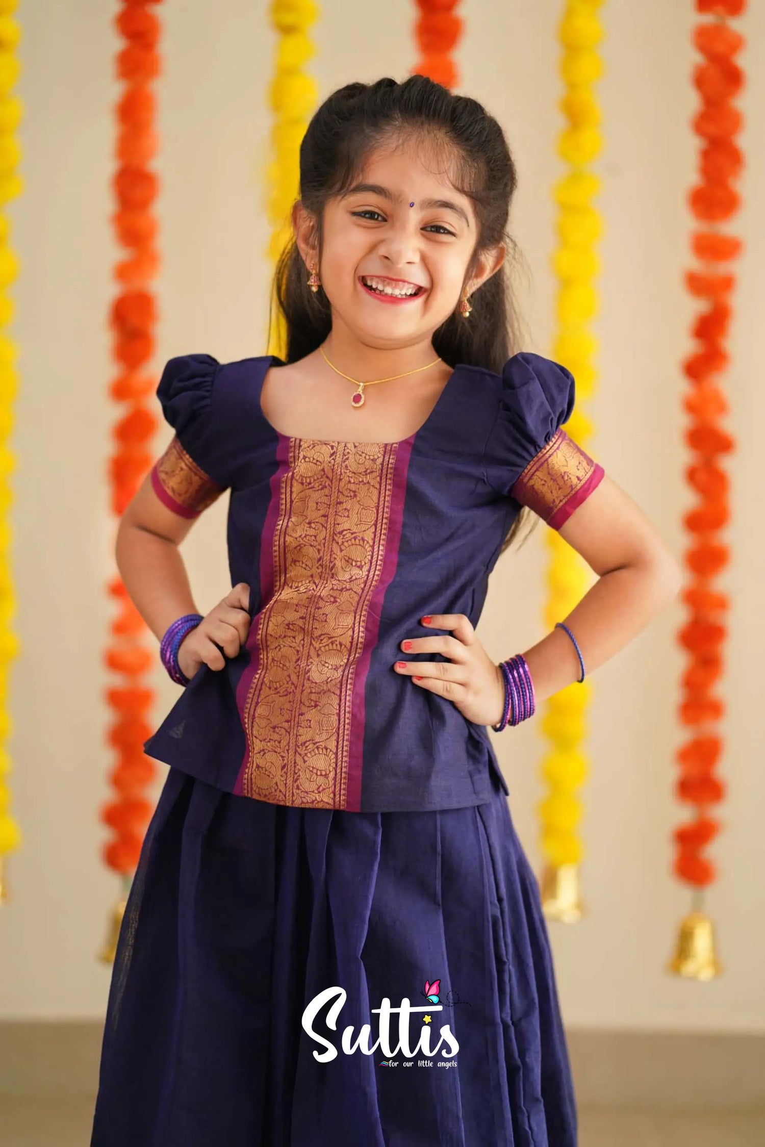 Padmaja - Navy Blue And Purplish Magenta Handloom Cotton Pavadai Sattai Kids-Suttis
