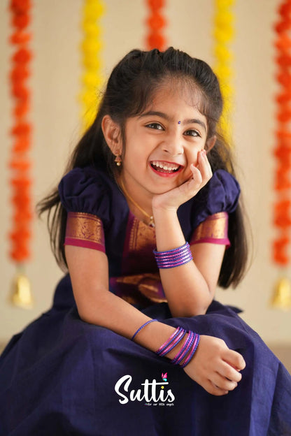 Padmaja - Navy Blue And Purplish Magenta Handloom Cotton Pavadai Sattai Kids-Suttis