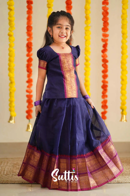 Padmaja - Navy Blue And Purplish Magenta Handloom Cotton Pavadai Sattai Kids-Suttis